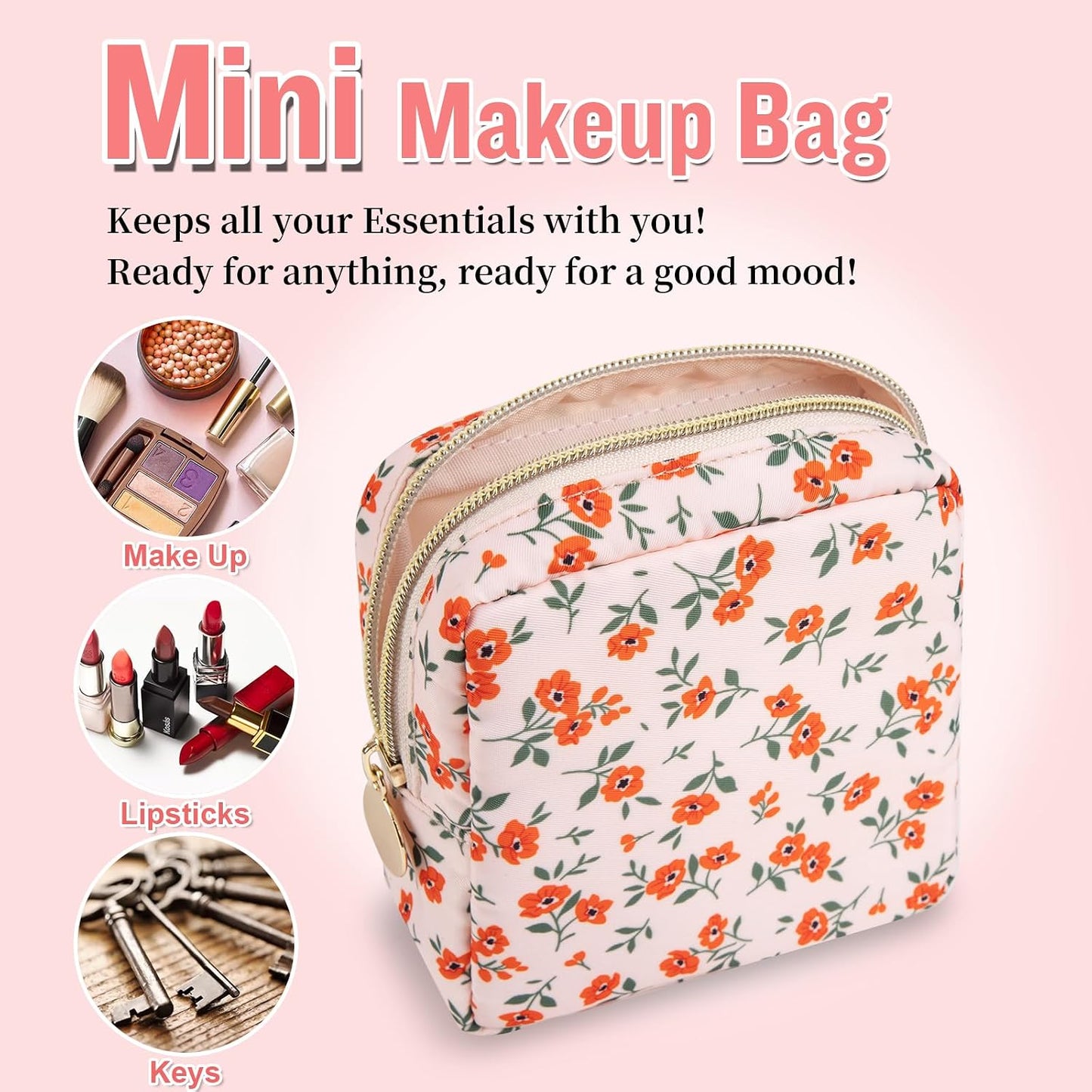 Floral Makeup Bag - Cute Pink Nylon Zipper Pouch for Travel | Waterproof Cosmetic Organizer for Women