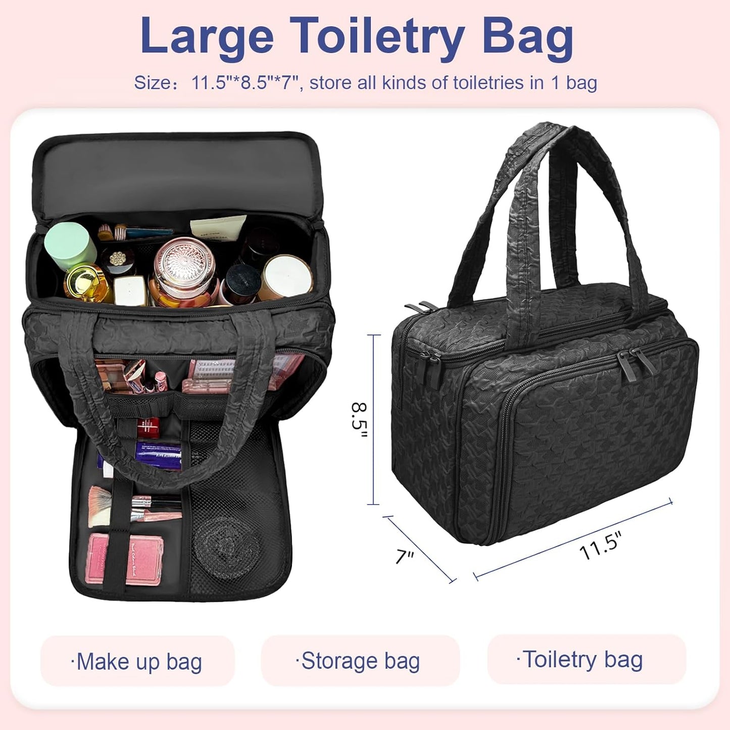 Toiletry Bag for Women - Large Travel Makeup Organizer | Black Cosmetic Skincare Pouch, 11.5" Size