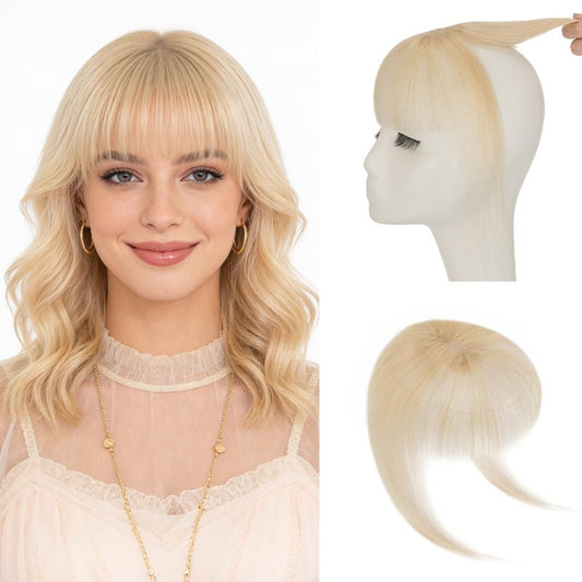 Hairro Clip In Bangs Real Human Hair Wispy Thin Fake Bangs Hair Clip 3D Cover French Curtain Bangs Platinum Blonde 8 Inches 10g #60
