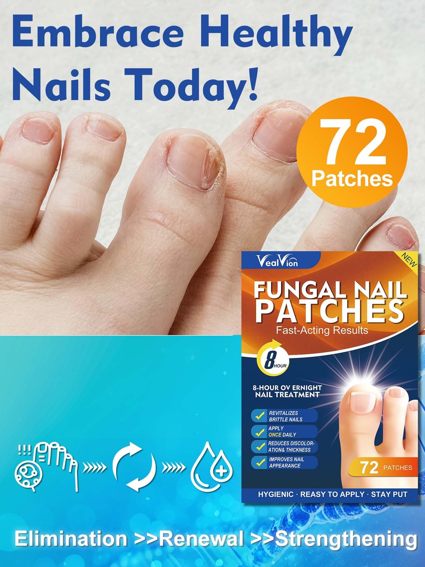 Toenail Fungus Treatment Extra Strength - 72 Pcs Fungal Nail Patches, Nail Repair for Damaged Nails, Overnight Renewal for Men and Women 72