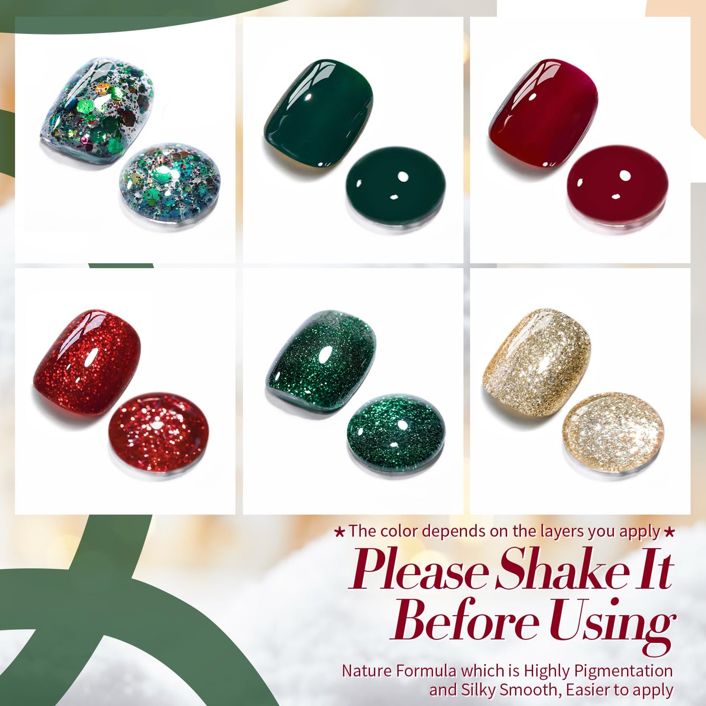 Born Pretty Christmas Gel Nail Polish Sparkle Glitter Green Red Gold Fall Winter Gel Polish Dark Green Burgundy Wine Red Gel Polish Set Nail Art Design Christmas Gift