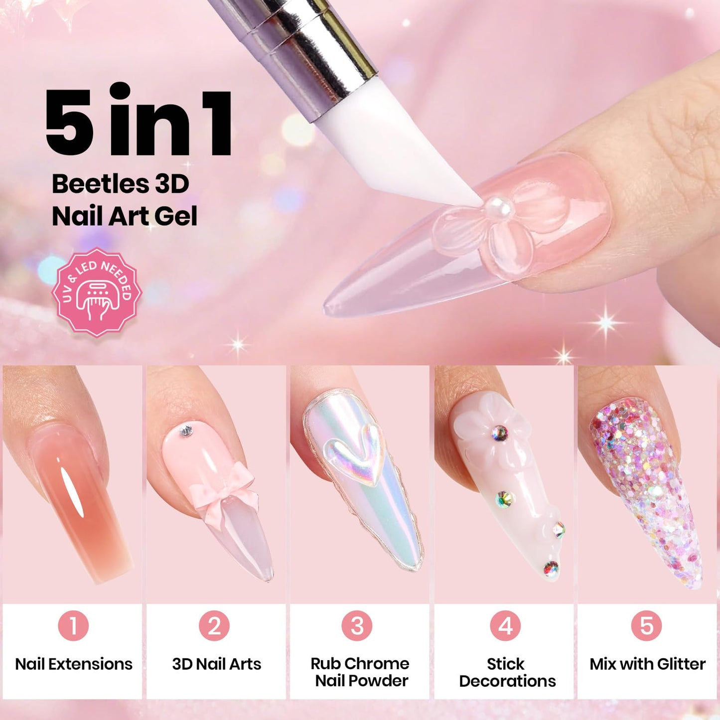 Beetles 3D Gel Nail Art with 3D Mold,Pink Solid Builder Nail Gel,Non-Sticky Sculpting 3D Nails & Dual-Ended Sculpture Pen & Stiletto Dual From, Beginner Friendly DIY at Home,Ballet Whisper