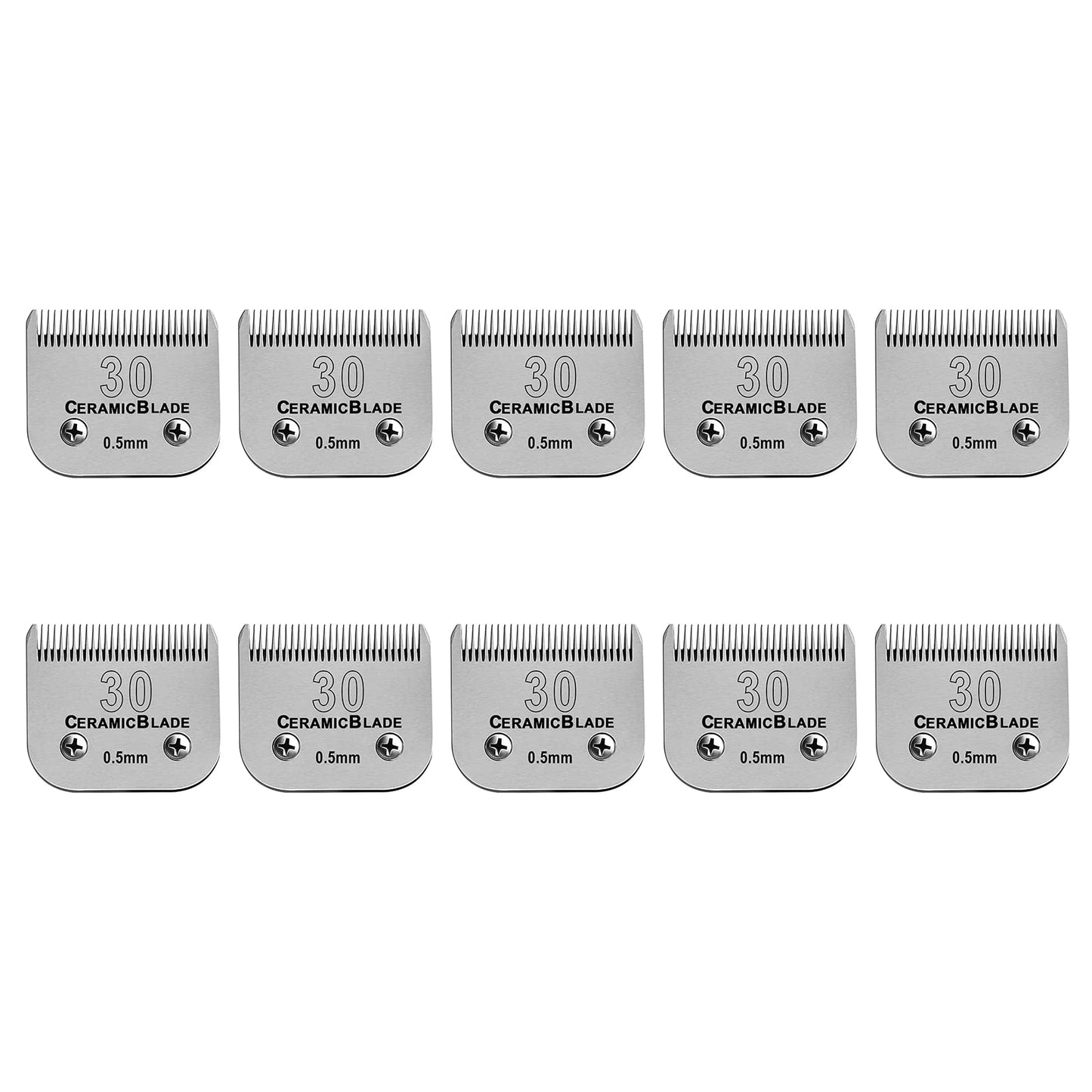 10 Pack Detachable Pet Dog Clipper Blades, Compatible with Andis Size 30 Cut Length 1/50"(0.5mm),Most Oster A5,Wahl KM10 Series Clippers,Made of Ceramic Blade & Stainless Steel Blade
