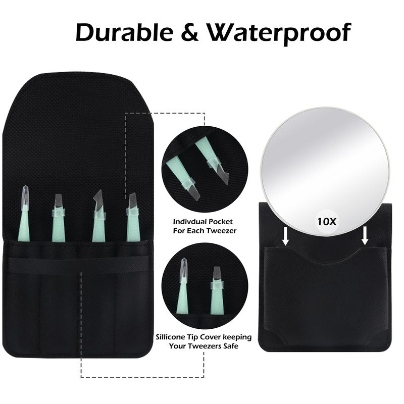 WangSelect Tweezers and 10X Magnifying Mirror Kit with Travel Leather Case, Eyebrow Tweezer Set for Women & Men, Great Precision for Facial Hair, Splinter and Ingrown Hair Removal - Starry Purple