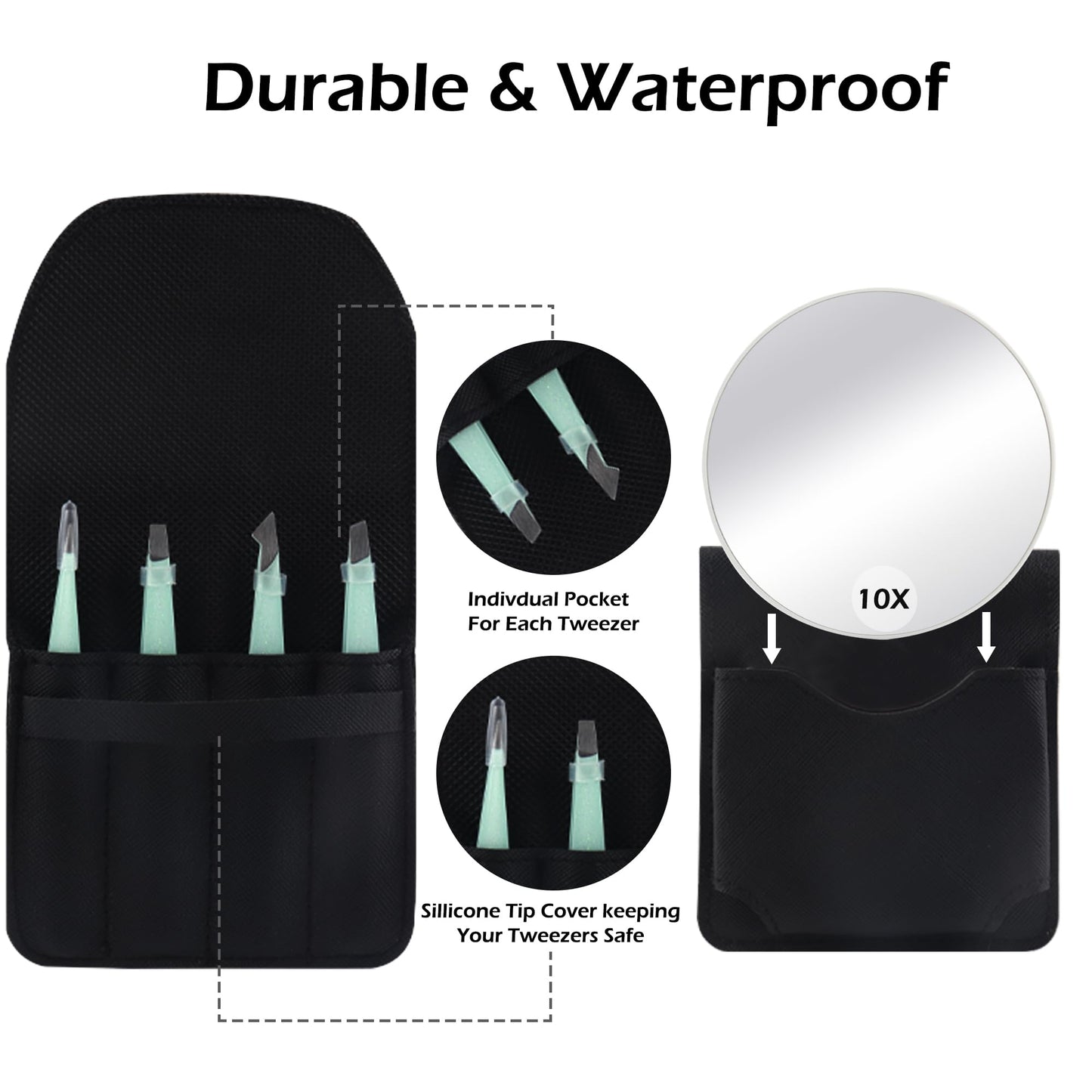 WangSelect Tweezers and 10X Magnifying Mirror, Portable Magnified Travel Mirror and Professional Tweezer Set for Eyebrows Grooming, Facial Hair, Splinter and Ingrown Hair Removal - Black
