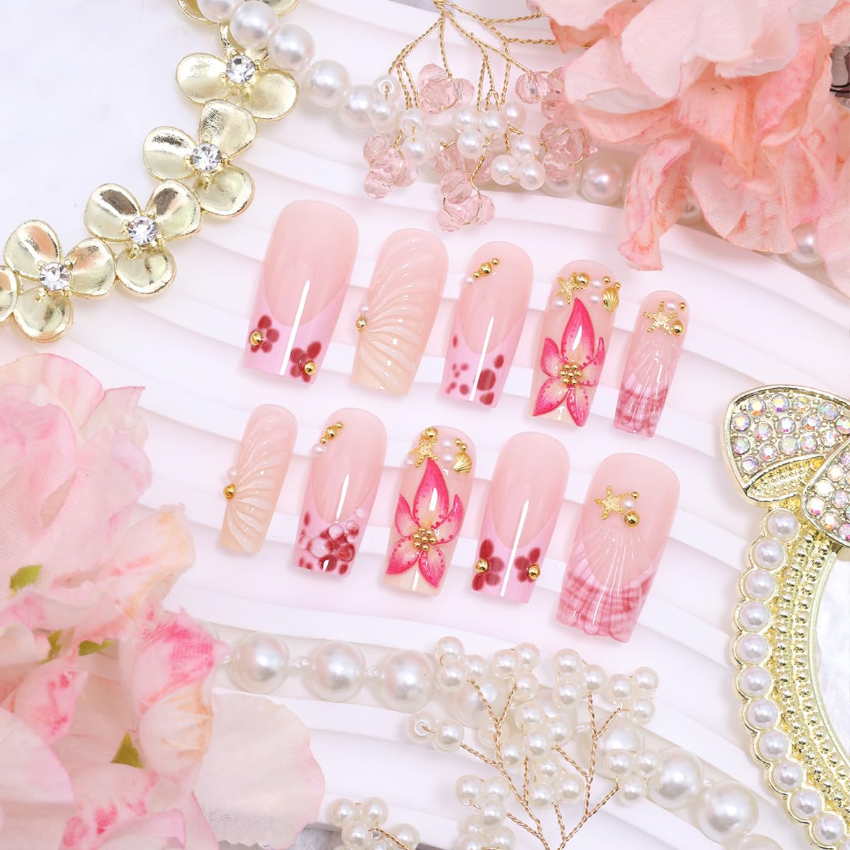 Press On Nails - 24Pcs Long Square 3D Pink Flower & Rhinestone Designs | Beach-Inspired Acrylic French Tips
