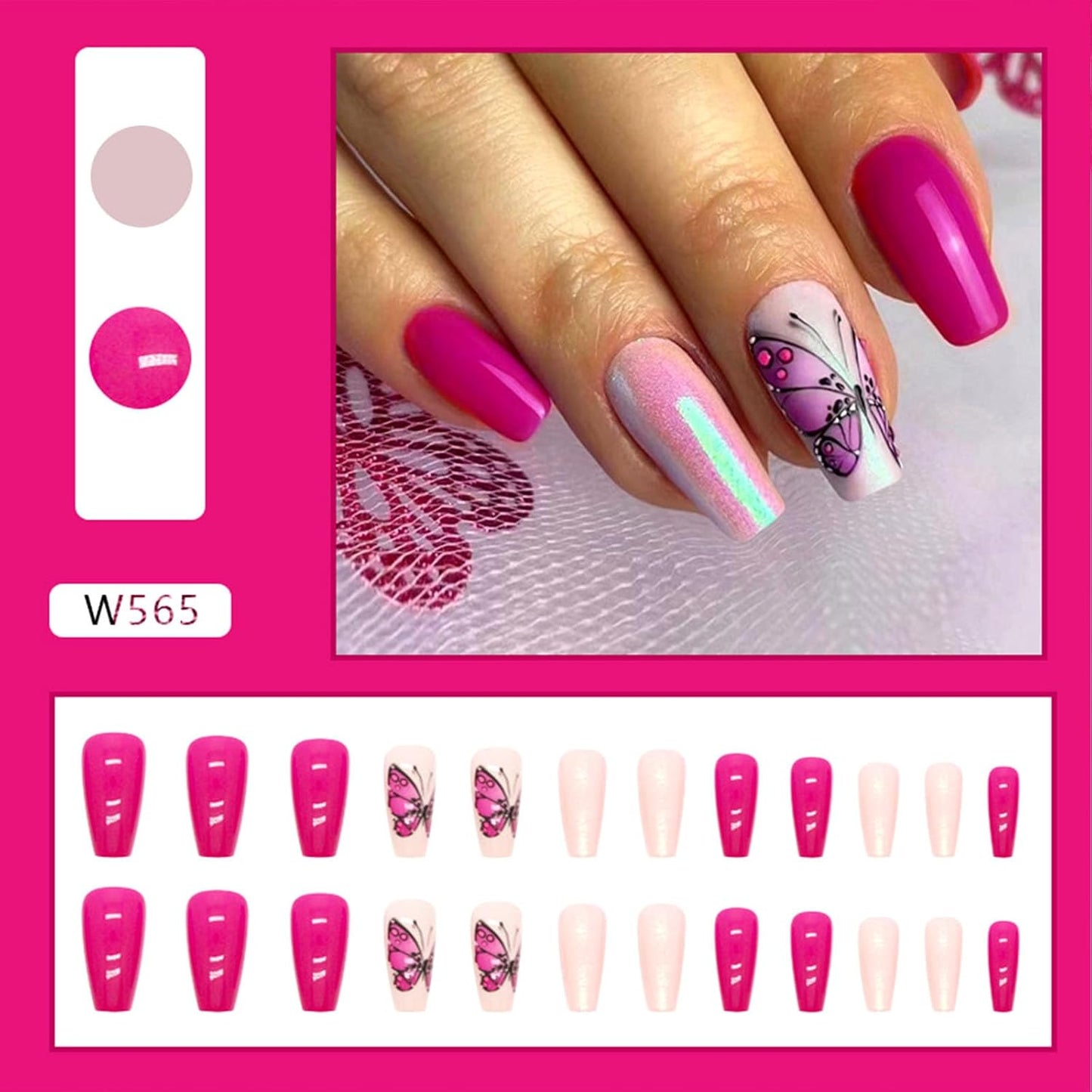 Coffin Press-On Nails - Medium Purple Butterfly Glitter Design | 24 Pcs Glossy Full Cover Acrylic Nails for Women
