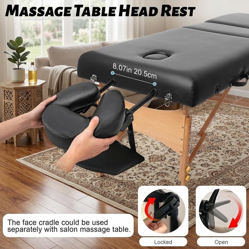 Adjustable Massage Headrest - Portable Face Cradle Pillow with Armrest | Fits 6"-17" Mattresses, Memory Foam - Black
