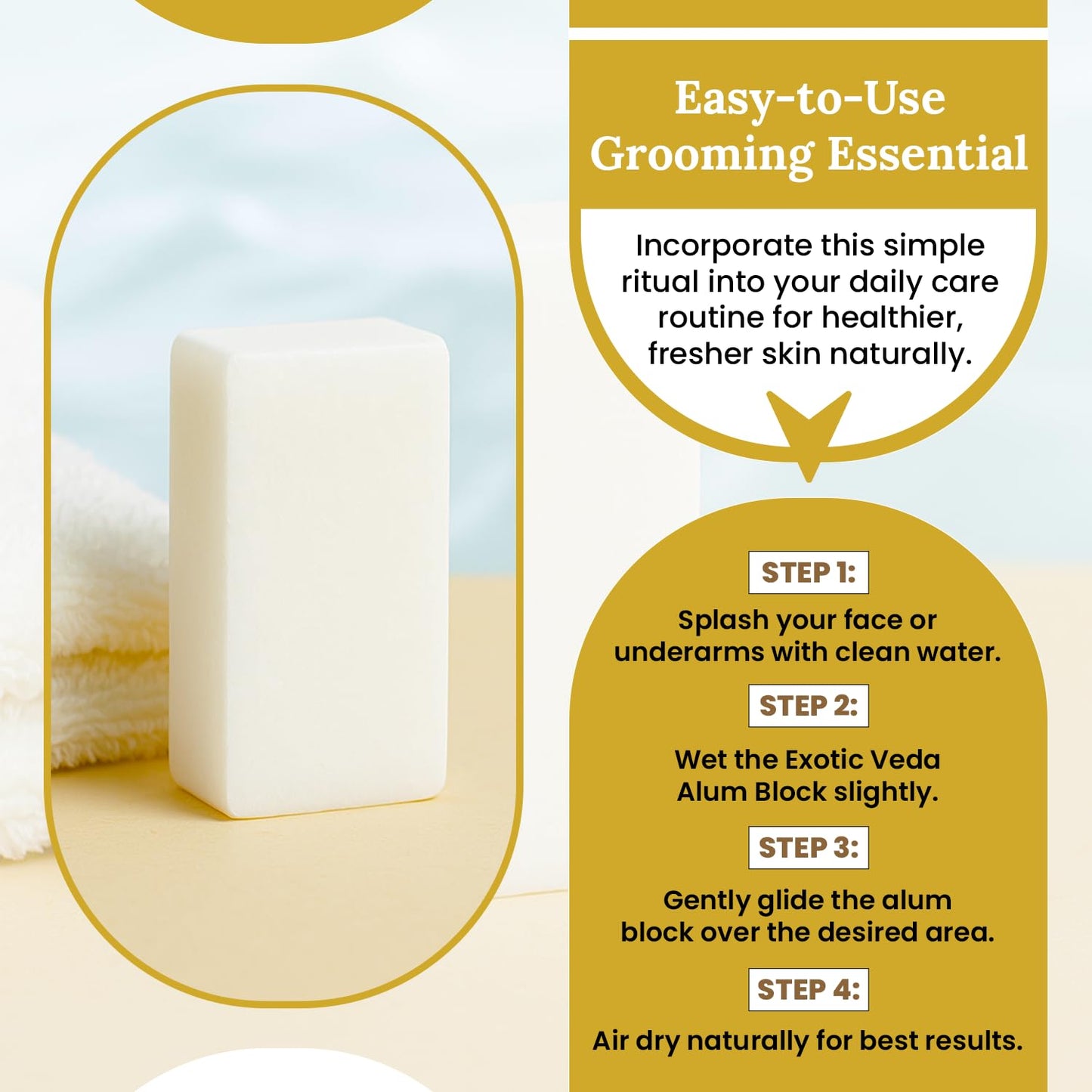 Exotic Veda Piedra de Alumbre Alum Stone 100% Pure Alum Block – Potassium Alum Crystal Stone | Natural, Unscented Deodorant & Aftershave Soothes Razor Burn, Stops Bleeding, Non-Staining, Alcohol-Free