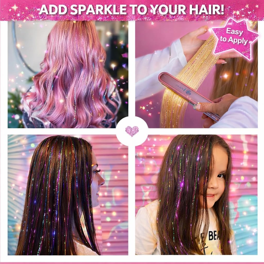 Hair Tinsel Kit - Holographic Hair Extensions with 8600 Strands | 18 Colors, 48 Inch, Heat Resistant Sparkling Glitter for Parties