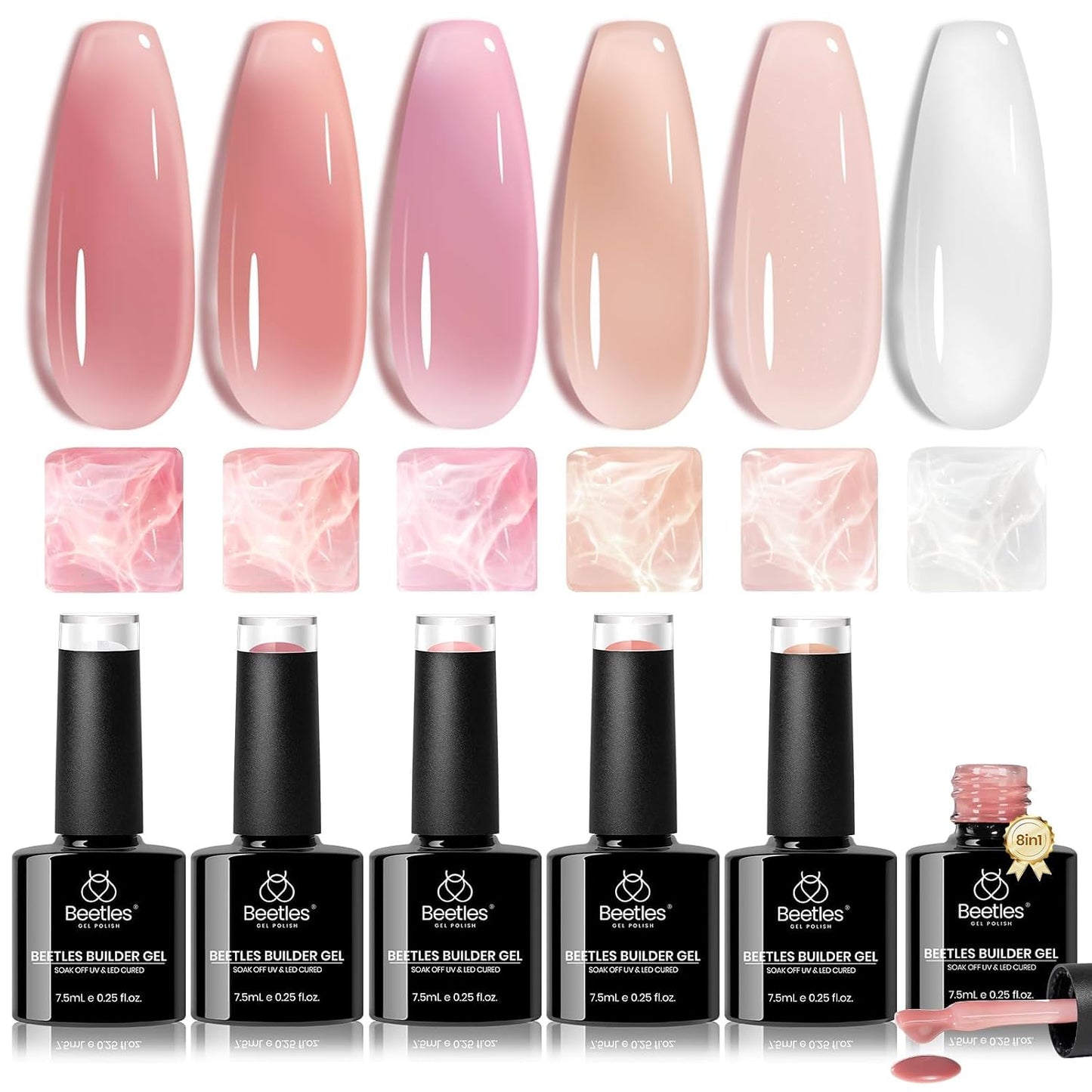 Beetles Builder Gel Set - HEMA-Free Nail Extension Gel | 6 Peach Colors, 8-in-1 Strengthening Formula for DIY Nail Art