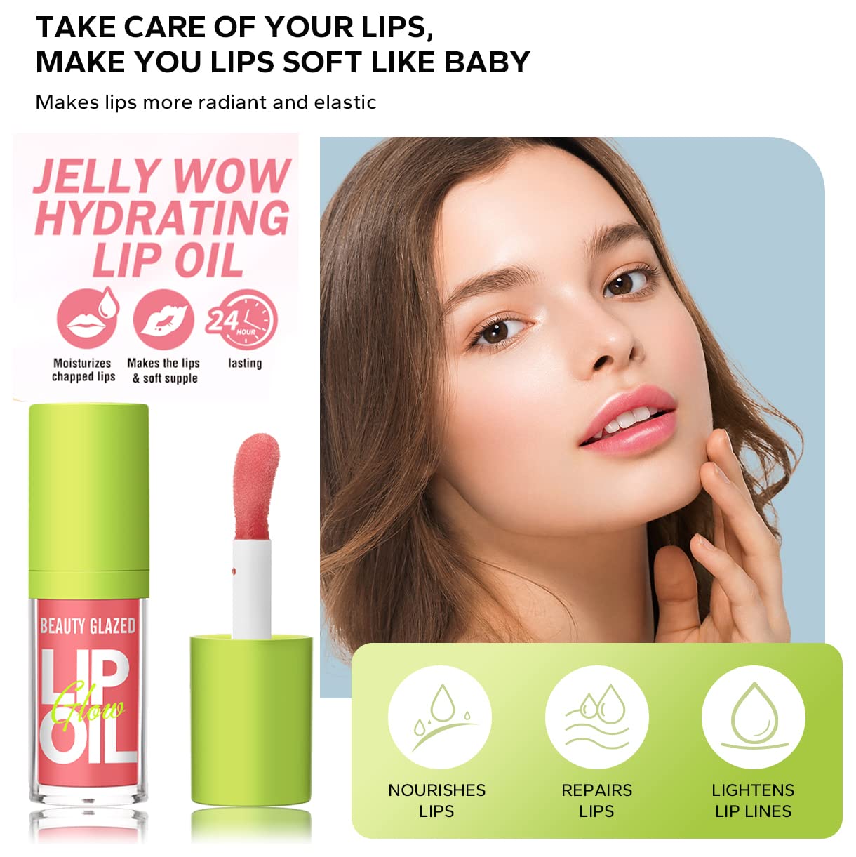 Beauty Glazed Big Brush Head Lip Oil, Ultra-Hydrating & Nourishing, Smooth Glossy Finish Glow Shiny and Vegan Tinted Gloss, Non-Sticky Formula (104# LOVE, 1) 0.14 Fl Oz