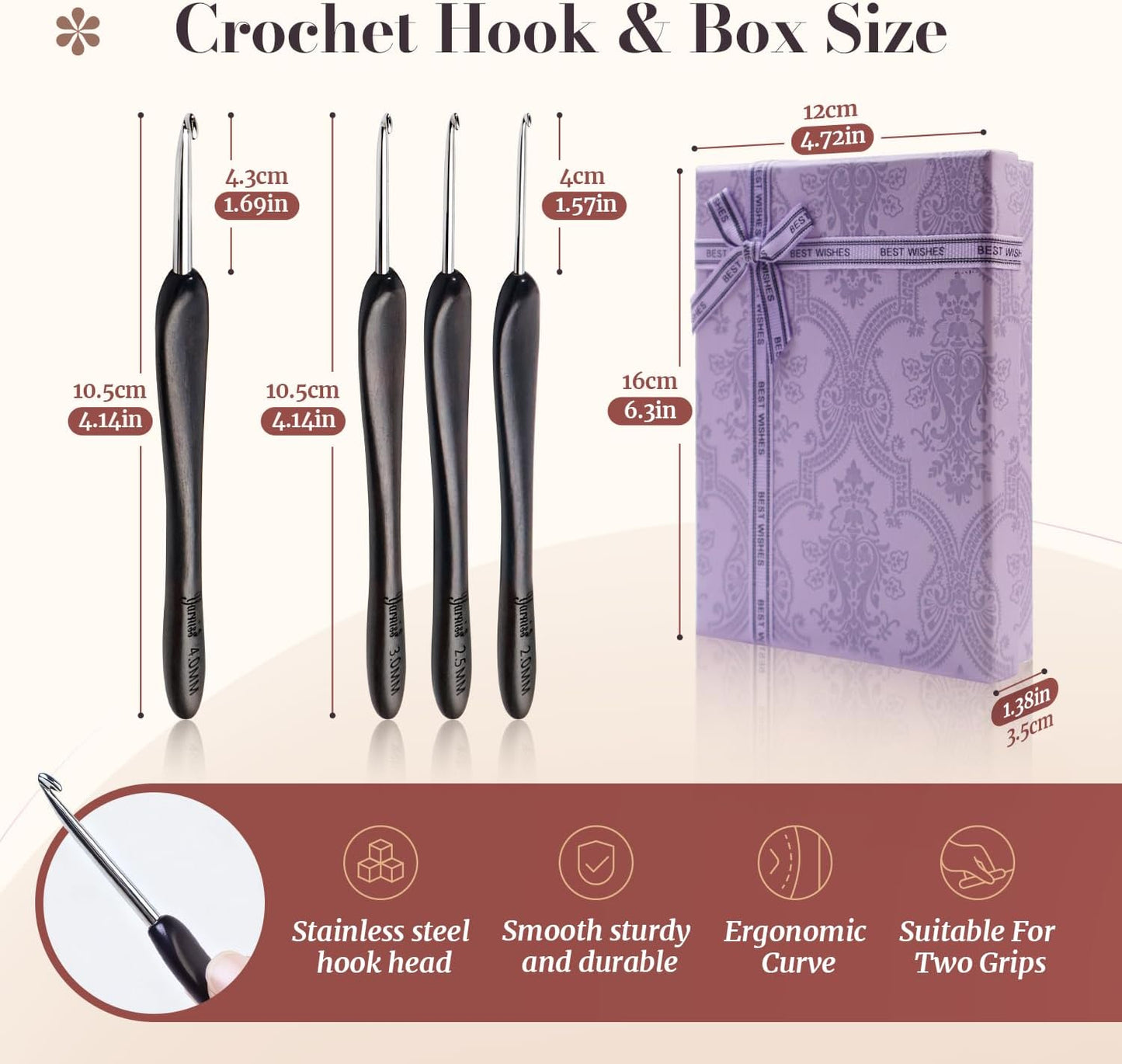 Artisan Stainless Steel Crochet Hooks Set - 2.0-4.0mm Handmade Needles with Ebony Handle for Beginners | Perfect Gift for Crocheters