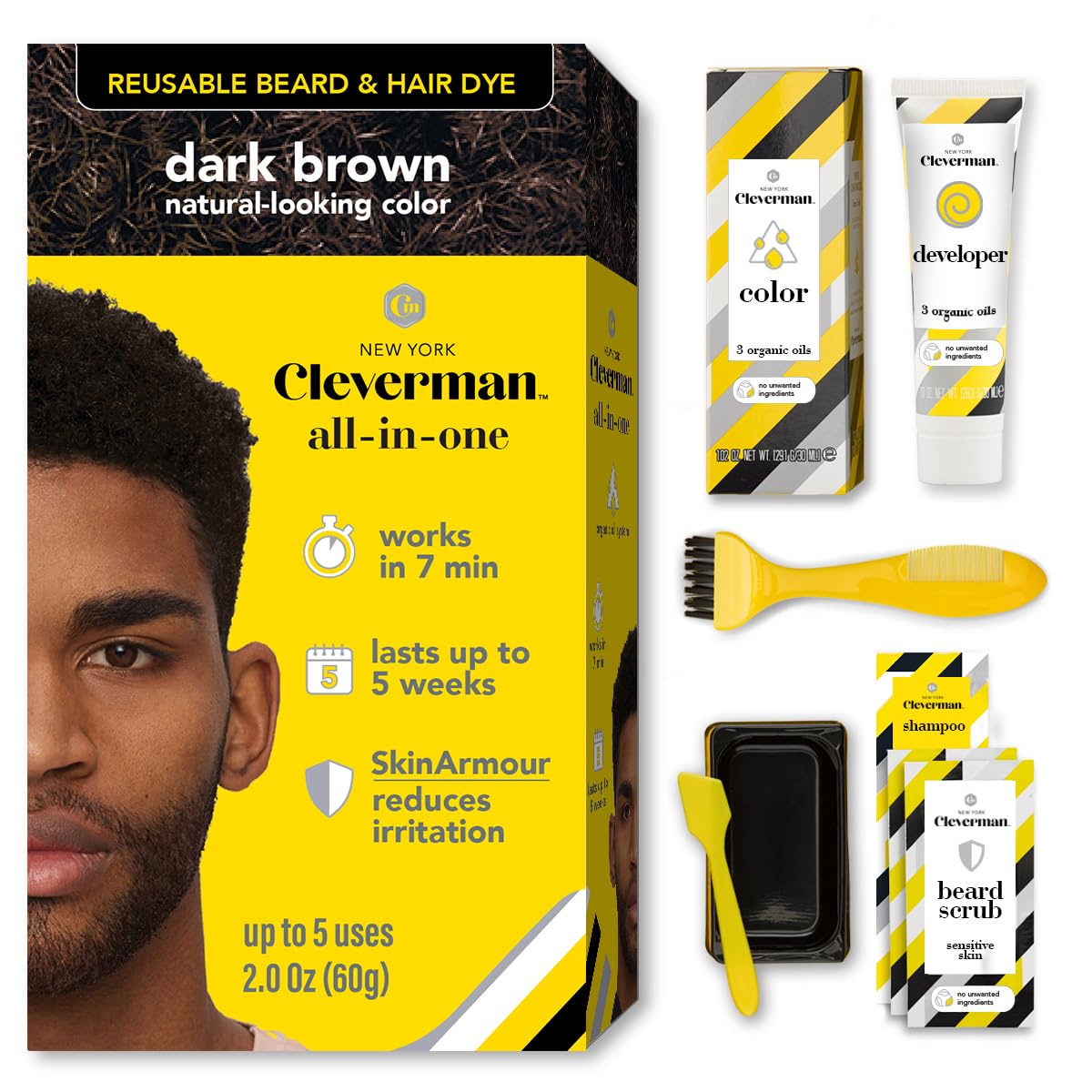 Reusable Hair & Beard Dye for Men - Medium Brown | Natural Gray Coverage, No-Drip Cream, Up to 5 Uses