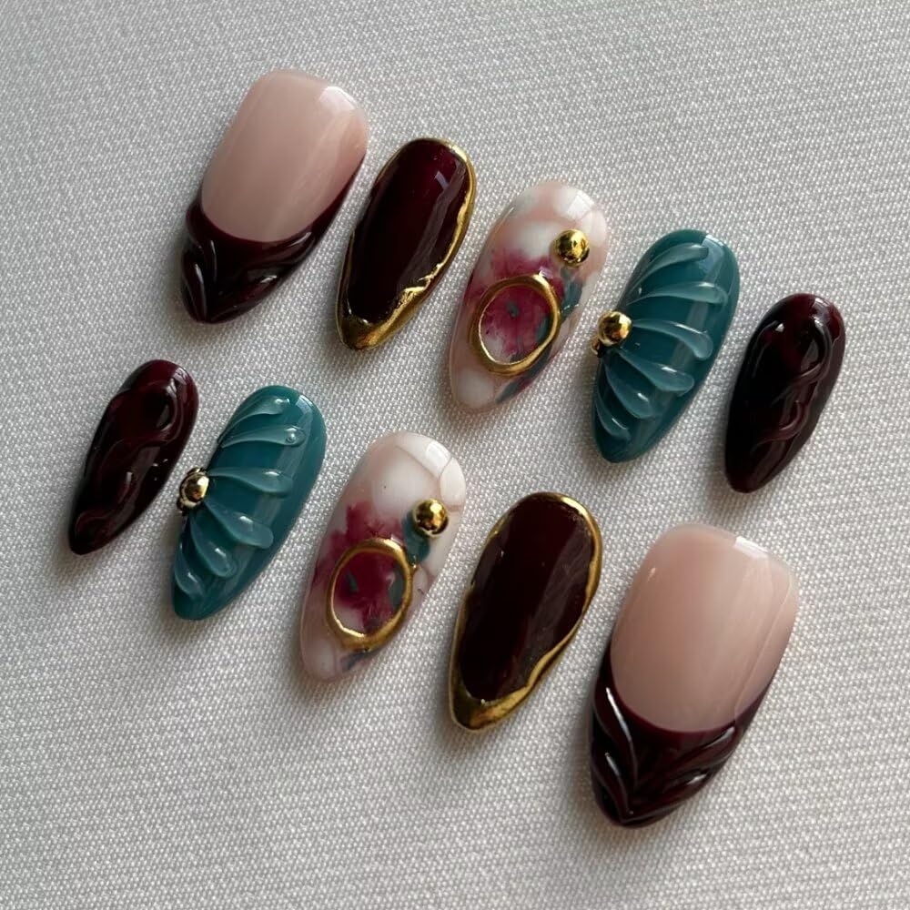 Fall Press On Nails - Handmade Gel Almond Fake Nails, Brown Art Design | Reusable 10 Pcs Acrylic Kit (Size S)