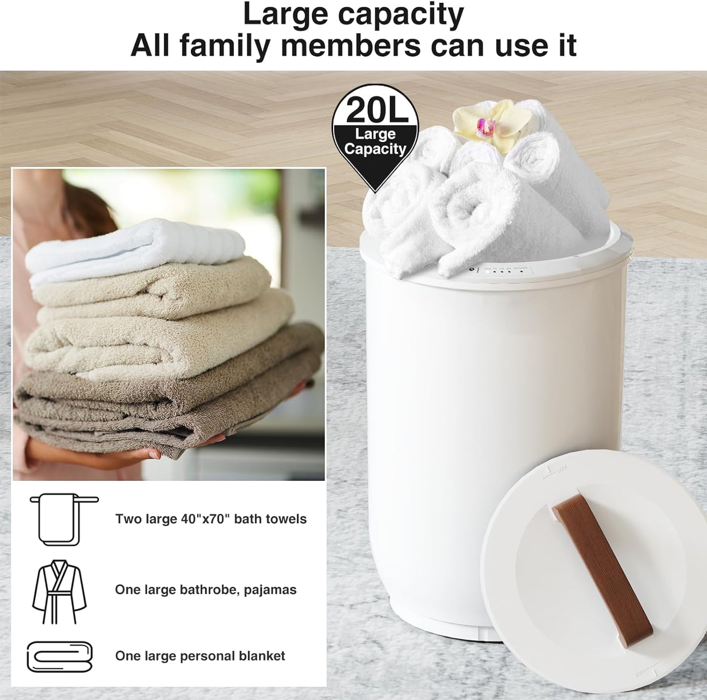 Heated Towel Warmer Bucket - Large Capacity with Wood Handle & Auto Shut Off | Fits Two 40"x70" Towels, White