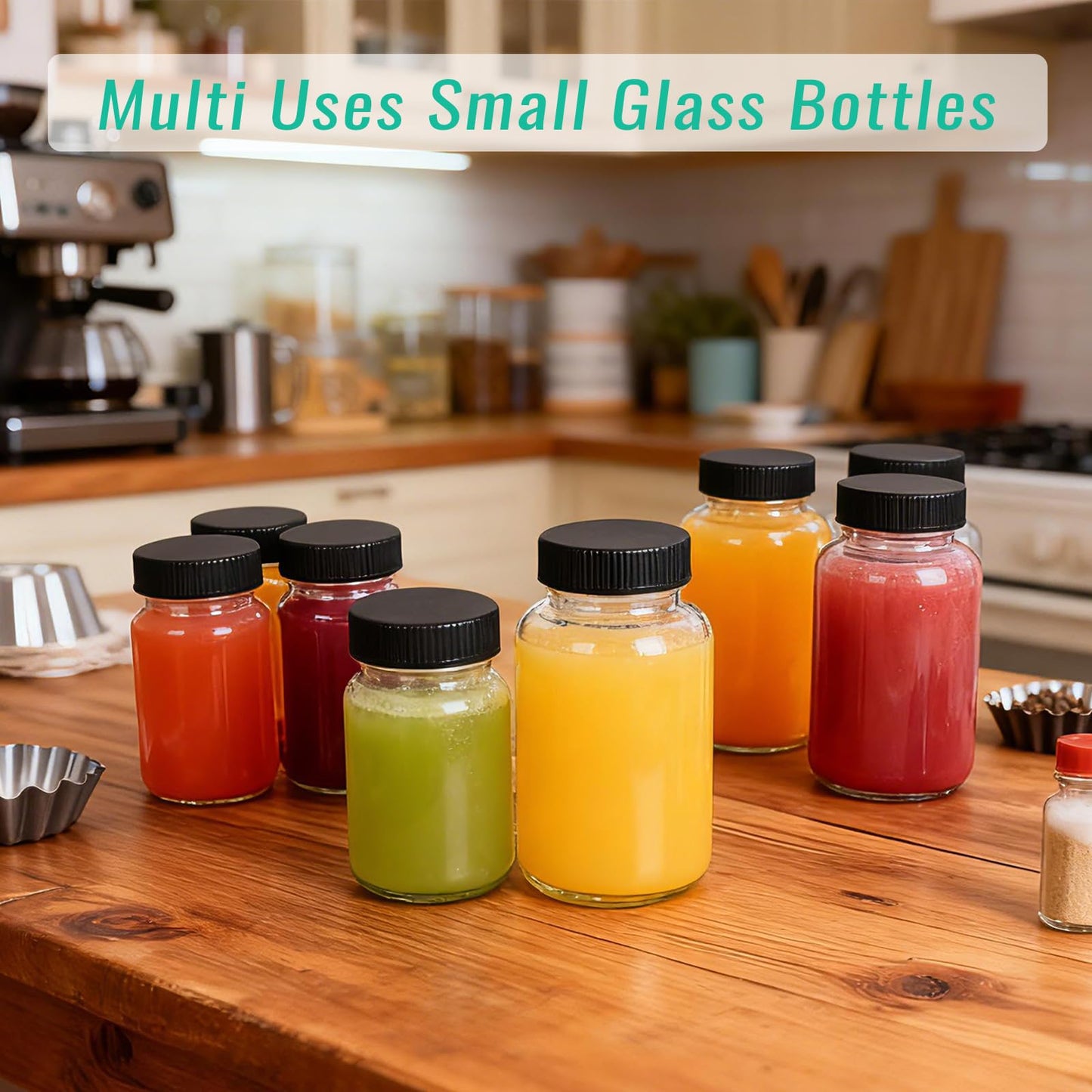 CAKKVDE 16 Pack 4 oz Glass Ginger Shots Bottles with Black Caps