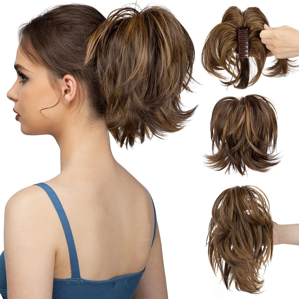 CJL Hair Claw Clip Short Ponytail Extensions - Bendable Metal Messy Bun Piece | Wavy Curly Synthetic Hair, Ash Grey