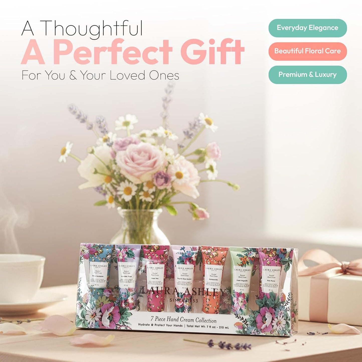 Laura Ashley Hand Cream Set | 7-Piece Moisturizing Lotion Collection for Dry Skin - Travel Size 30ml Each with Rose, Lavender & Floral Scents