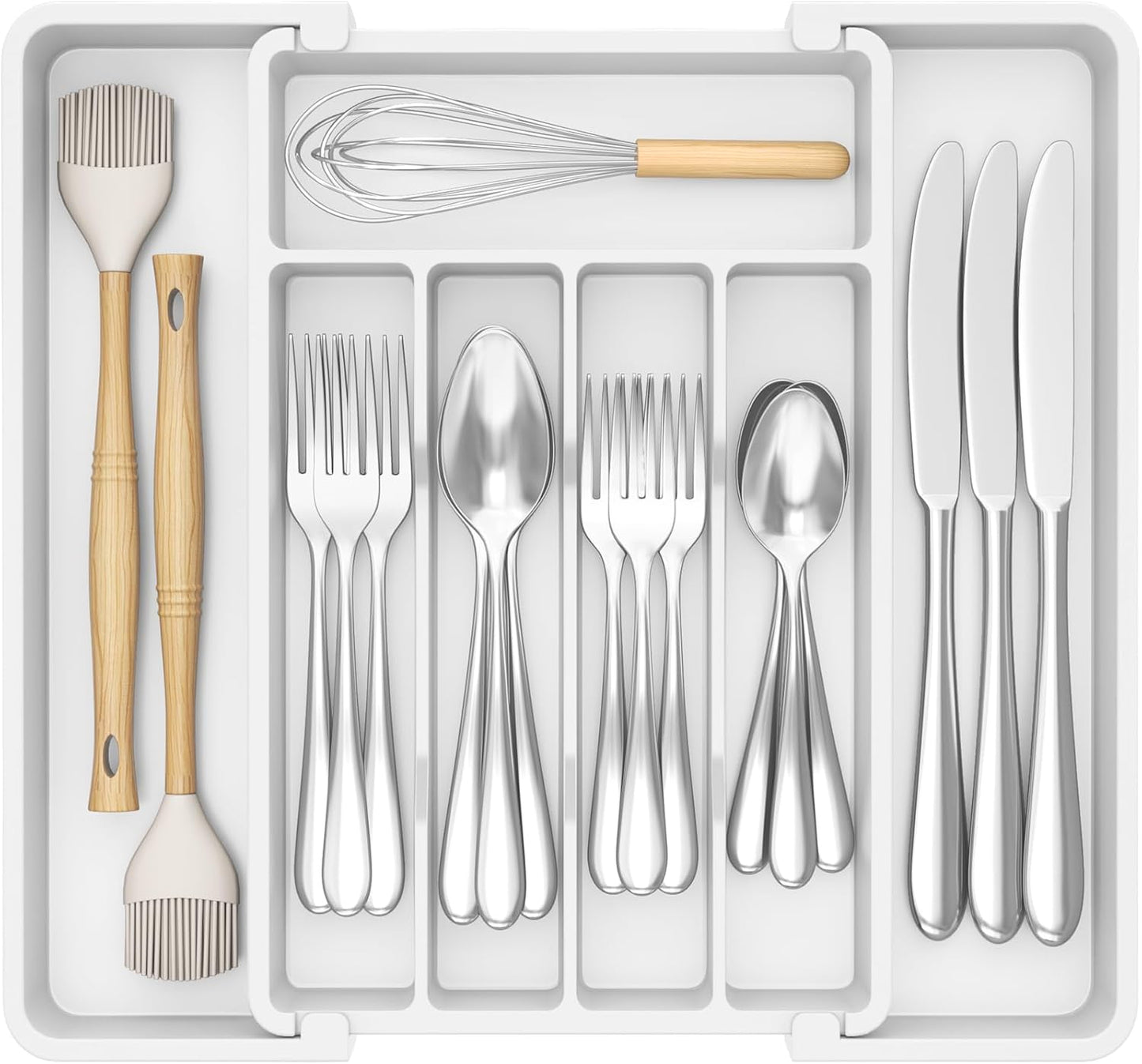 Expandable Silverware Organizer - BPA-Free Plastic Utensil Tray for Kitchen Drawer | Space-Saving Cutlery Holder, Black, 8.5-14 x 12 x 1.5 Inch