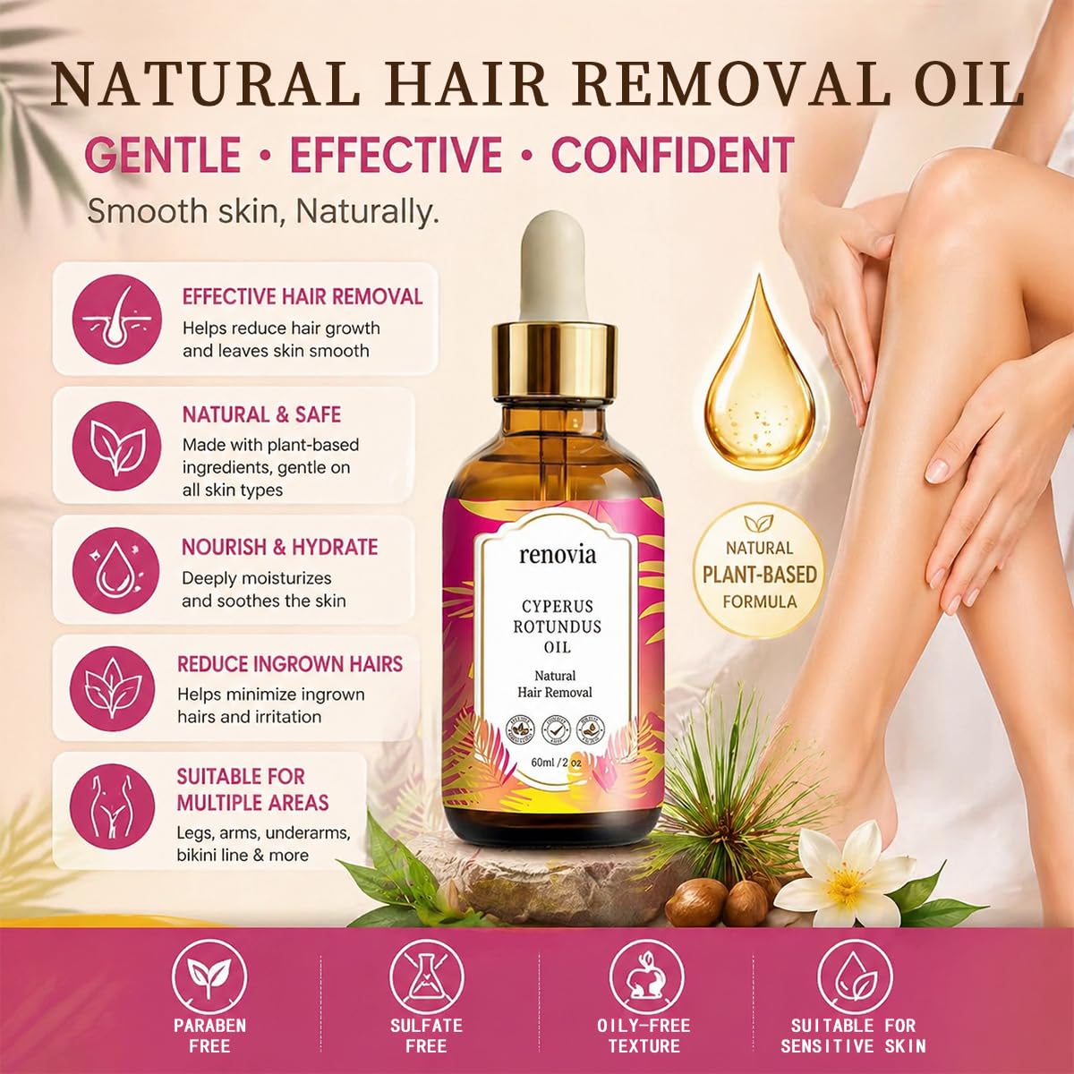 Cyperus Rotundus Oil - Herbal Hair Removal Serum with Peppermint | Hydrating & Soothing for All Skin Types