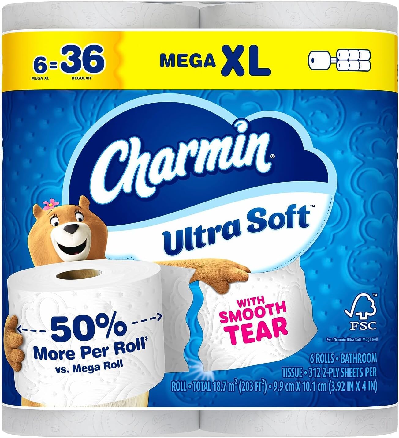 Charmin Ultra Soft Toilet Paper - 6 Mega Rolls | Equivalent to 24 Regular Rolls