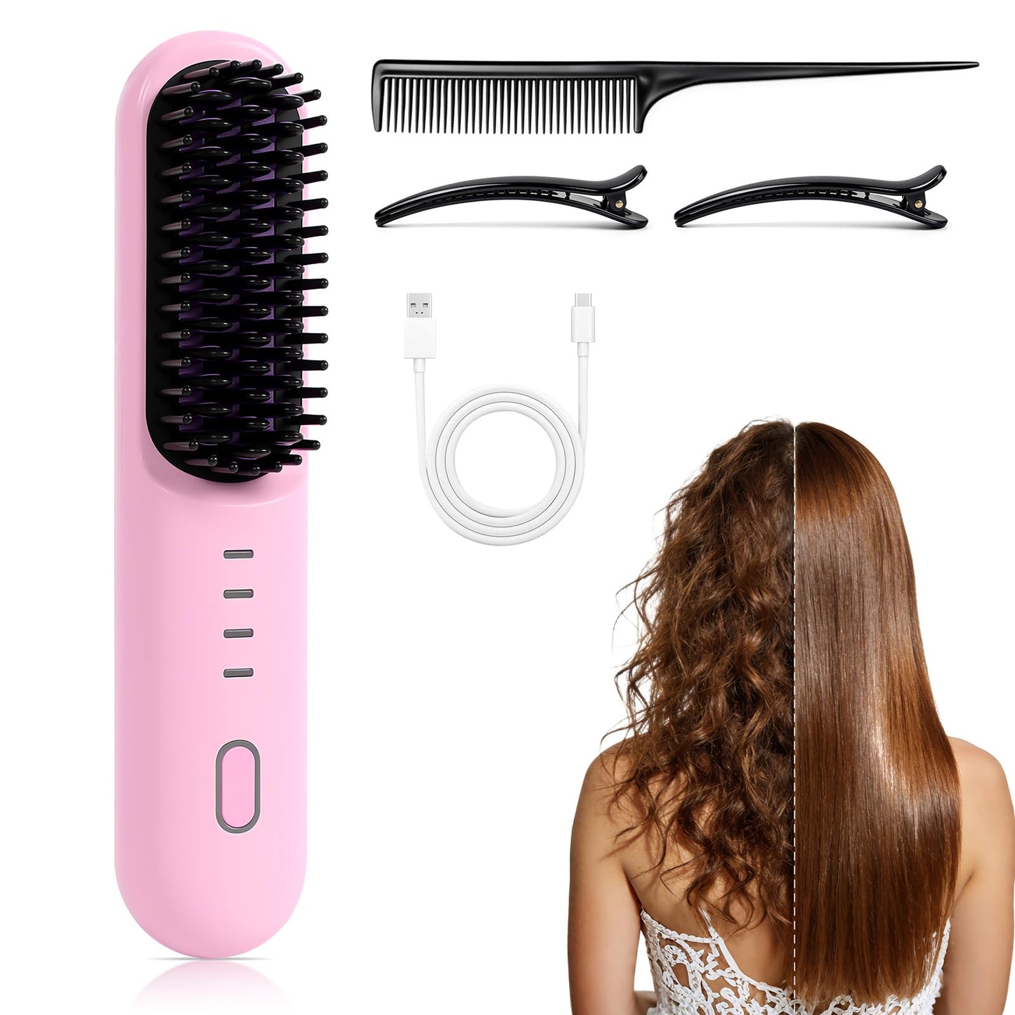 Hair Straightener Brush for Short Hair, 2026 Upgraded Cordless Straightening Brush with 30s Fast Heat, 4 Temperature Settings, Ionic & Ceramic Care, USB-C Rechargeable for Frizz-Free Styling (B-Pink)