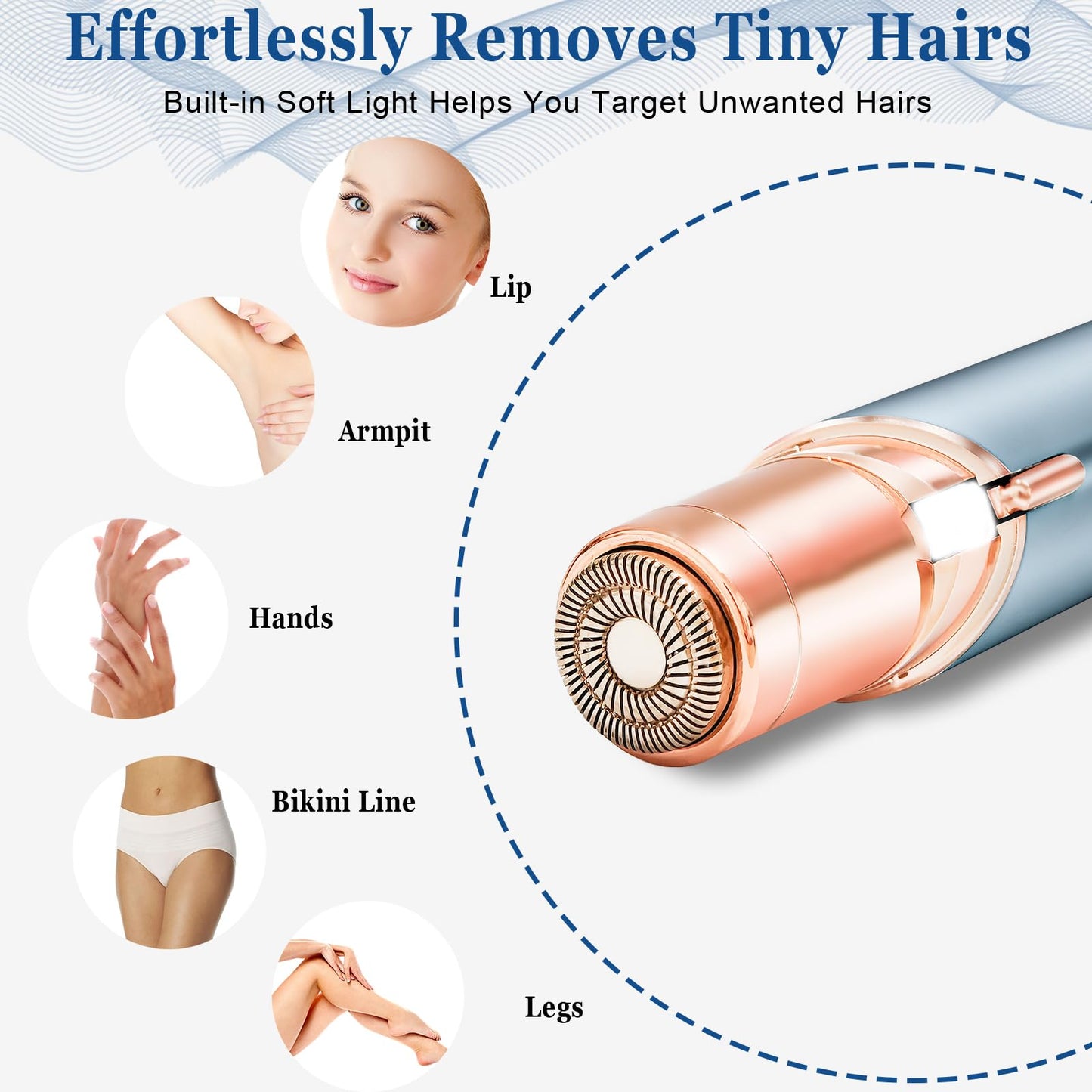 Facial Hair Removal for Women,Electric Rechargeable Face Shaver,Painless Gentle Trimming for Peach Fuzz,Lip,Chin with 2 x Replacement Heads (Blue)
