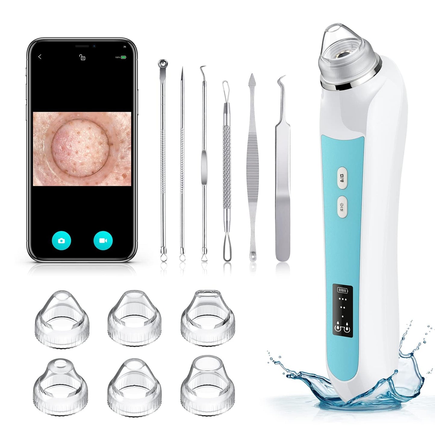 Facial Pore Blackhead Remover Vacuum, 1080P Camera Blackhead Remover, 20x Zoom, 8 LEDs ＆ 3 Suction Modes, 800mAh Battery & USB - 6 Heads Pore Cleaner Kit for Women&Men(Blue)