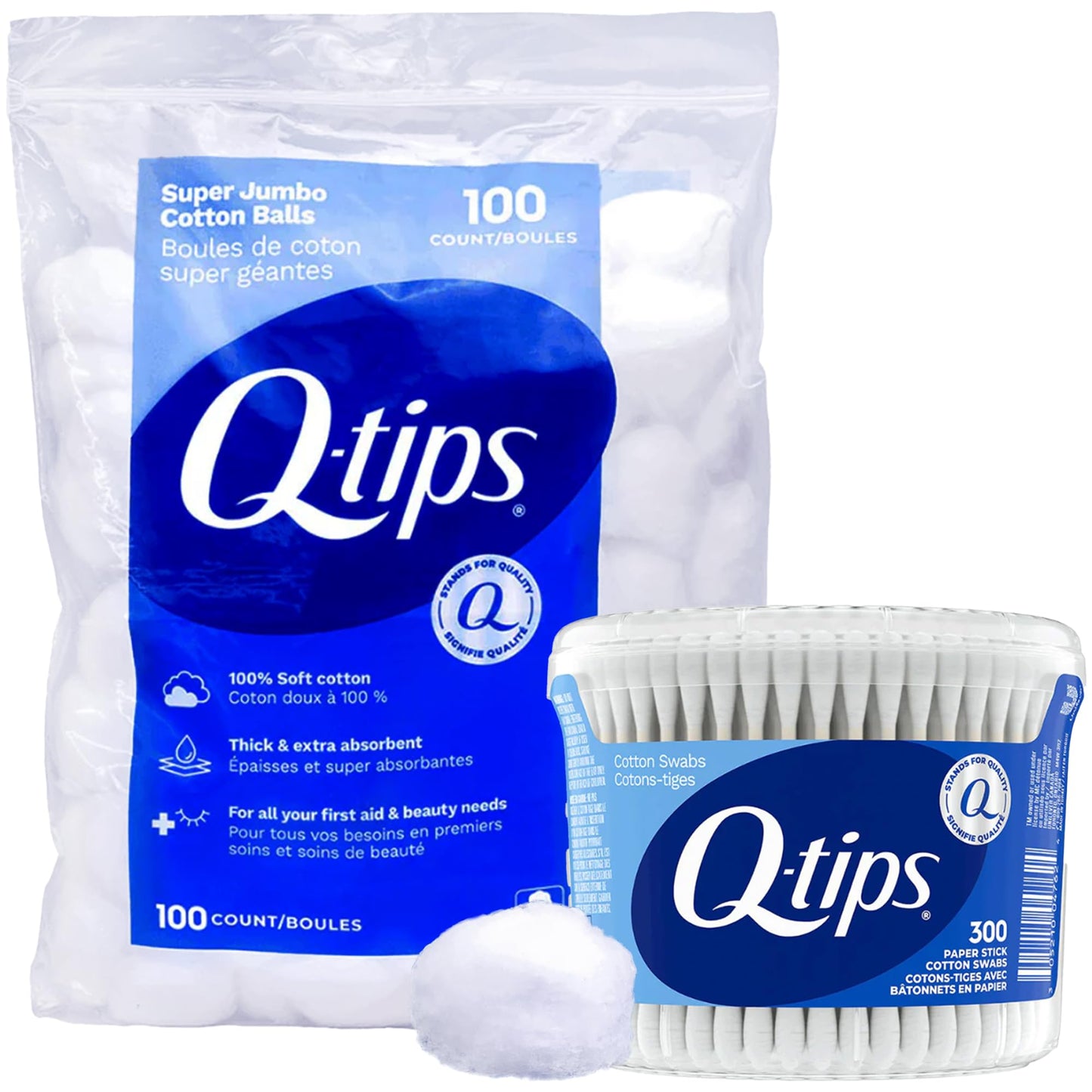 Q-tips Cotton Swabs 300 Count Vanity Tub + Super Jumbo Cotton Balls 100 Count for Home, First Aid and Beauty, Natural