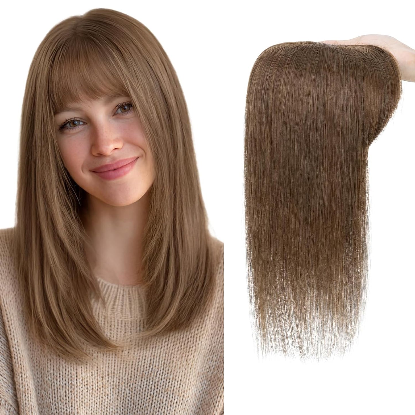 Hair Toppers for Women - Real Human Hair Clip-In 10 Inch Straight Hairpieces | Medium Brown Silk Base with Bangs