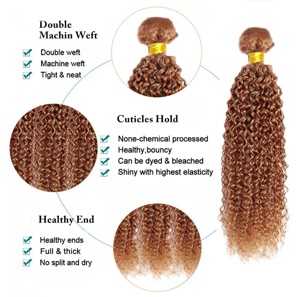 P27/30 Bundles Human Hair Light Brown Kinky Curly Bundle Brazilian Virgin Remy Hair 3 Bundles 24 24 24 Inch Double Weft 2 Tone Honey Blonde Mixed With Light Brown Curly Bundle