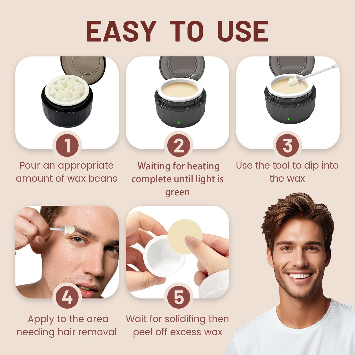 Nose Wax Kit Men & Women, USB-C Mini Wax Warmer with Silicone Pot for Nose, Ear & Eyebrow Facial Hair Removal at Home, 50g Hard Wax Beads, 10 Nose Sticks, 6 Applicators & Mustache Protectors (Black)