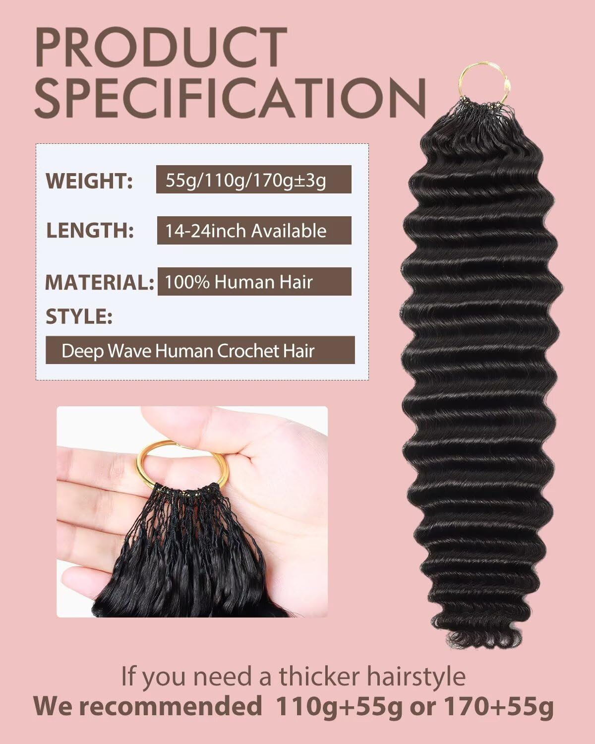 20 Inch Human Crochet Hair for Black Women, Feather Human Hair Crochet Extensions 170g 120 Strands, Magical Knots Hair Bundles, Soft Lightweight Deep Wave Texture for Protective Styles
