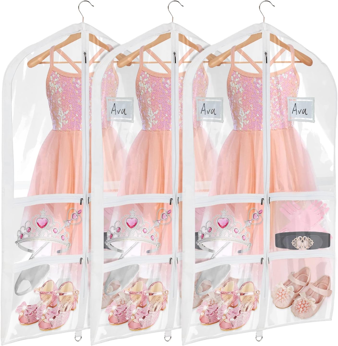 Clear PVC Dance Costume Bags - 40 Inch Garment Bag with 4 Zipper Pockets | 3 Pack for Competitions