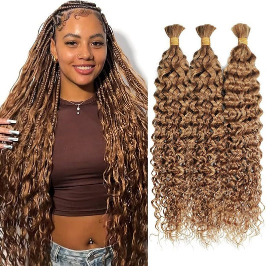 100% Unprocessed Human Hair for Braiding, #27 Honey Blonde Pre-Separated Curly Bulk Hair, 12A Grade Boho Braiding Hair Extensions,Water Natural Soft Texture,20 Inch 150g 3 Bundles
