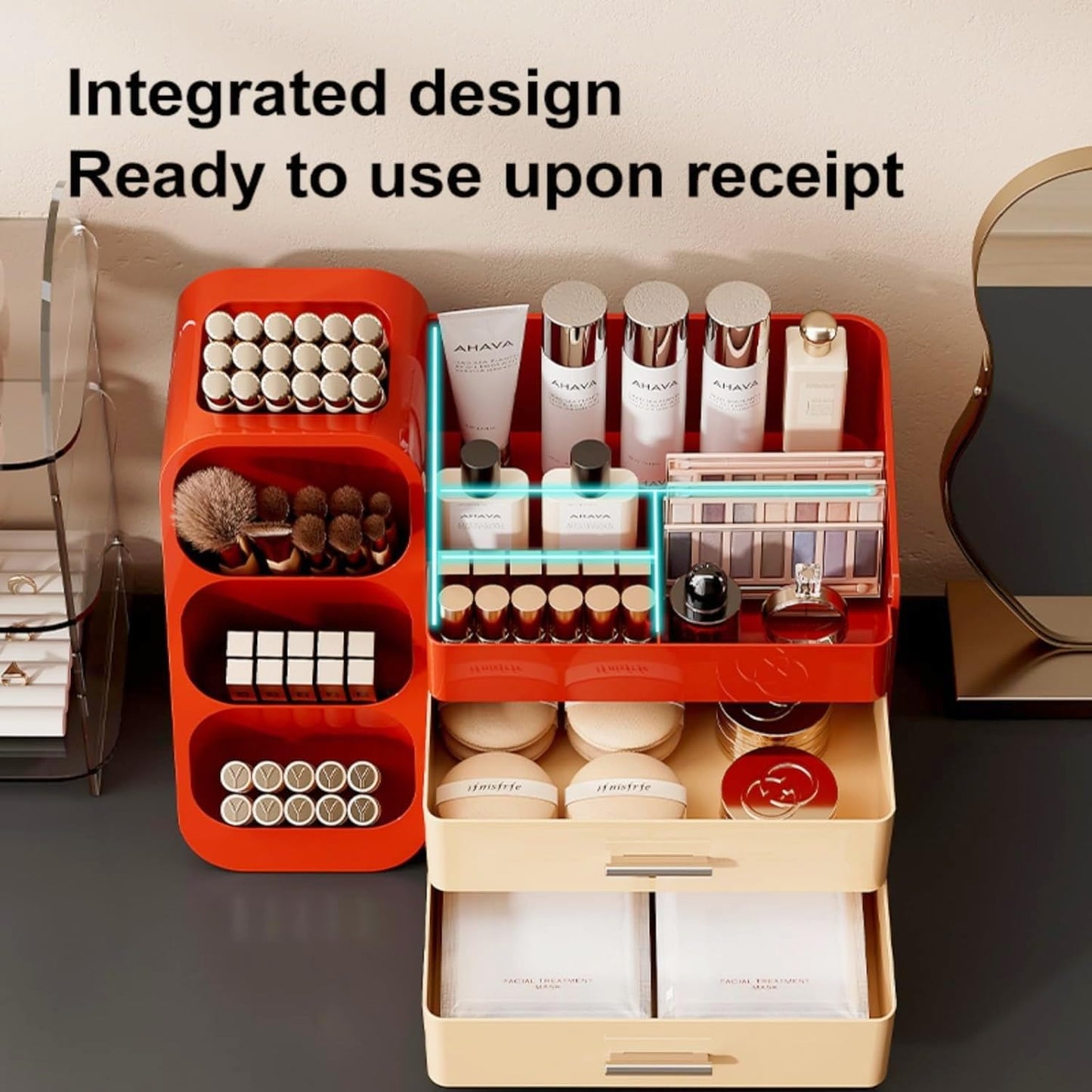 KQJS Makeup Organizer with Drawers,Large Capacity Countertop Organizer for Vanity,Bathroom and Bedroom Desk Cosmetics Organizer,Easy To Storage Skincare,Brushes,Lotions (Red and Cream)