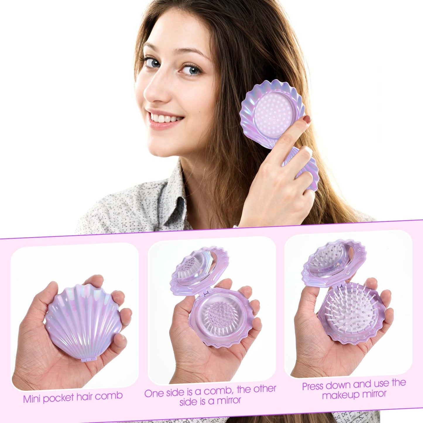 Foldable Travel Hair Brushes with Mirror, Shell Shape Pocket Brush Foldable Comb, Compact Size Hair Massage Comb, Portable Mini Makeup Mirror Set Gifts for Girls (Pink, Purple)
