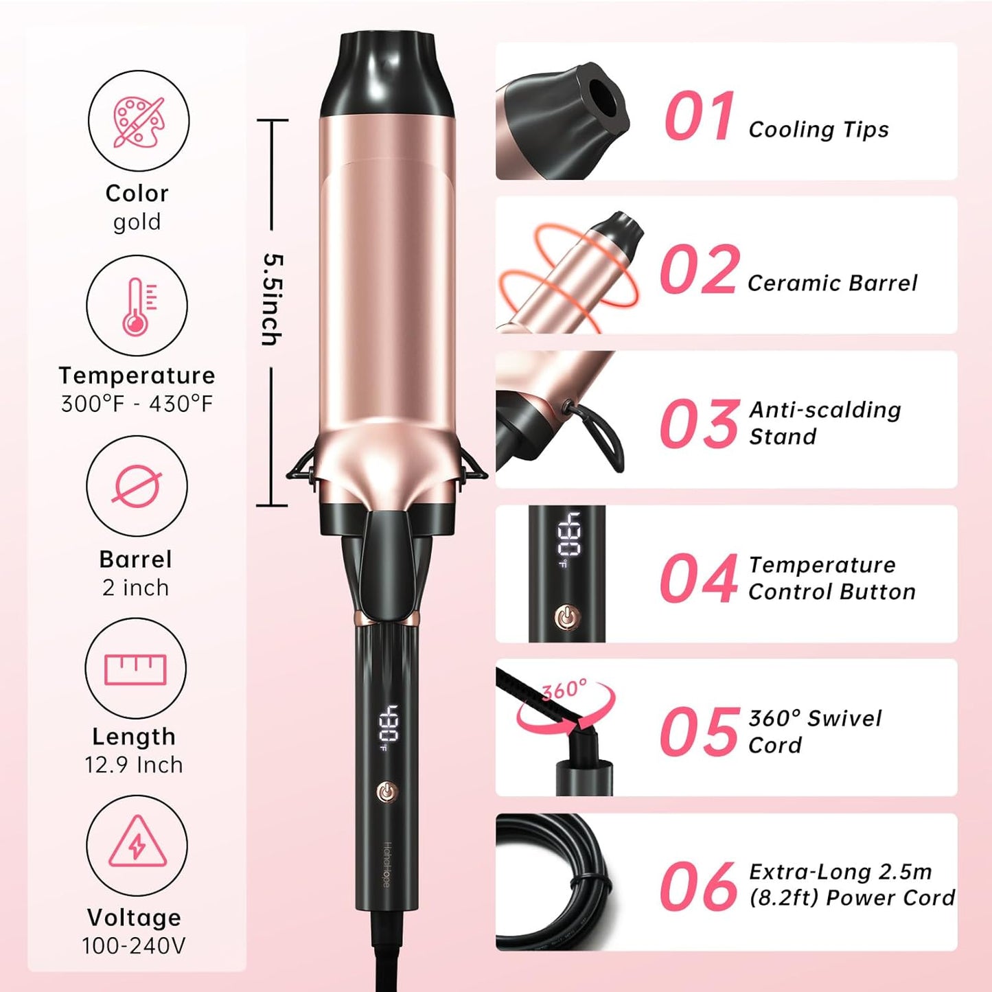 Large Barrel Curling Iron - 2 Inch Curling Wand with LCD Display & 8 Temperature Settings | Lightweight for Long Hair