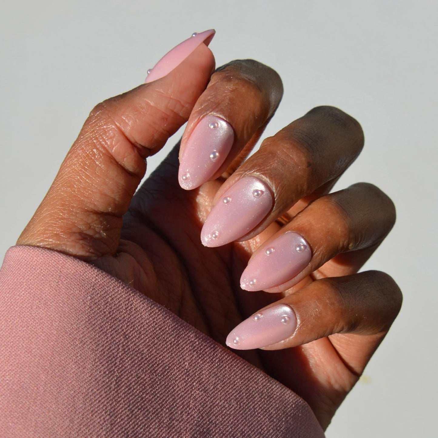 Glamnetic Press-On Nails - Pink Me Up Spring Almond Nails | Pastel Pink French Tips with 3D Pearls - 30 Nail Kit, 15 Sizes