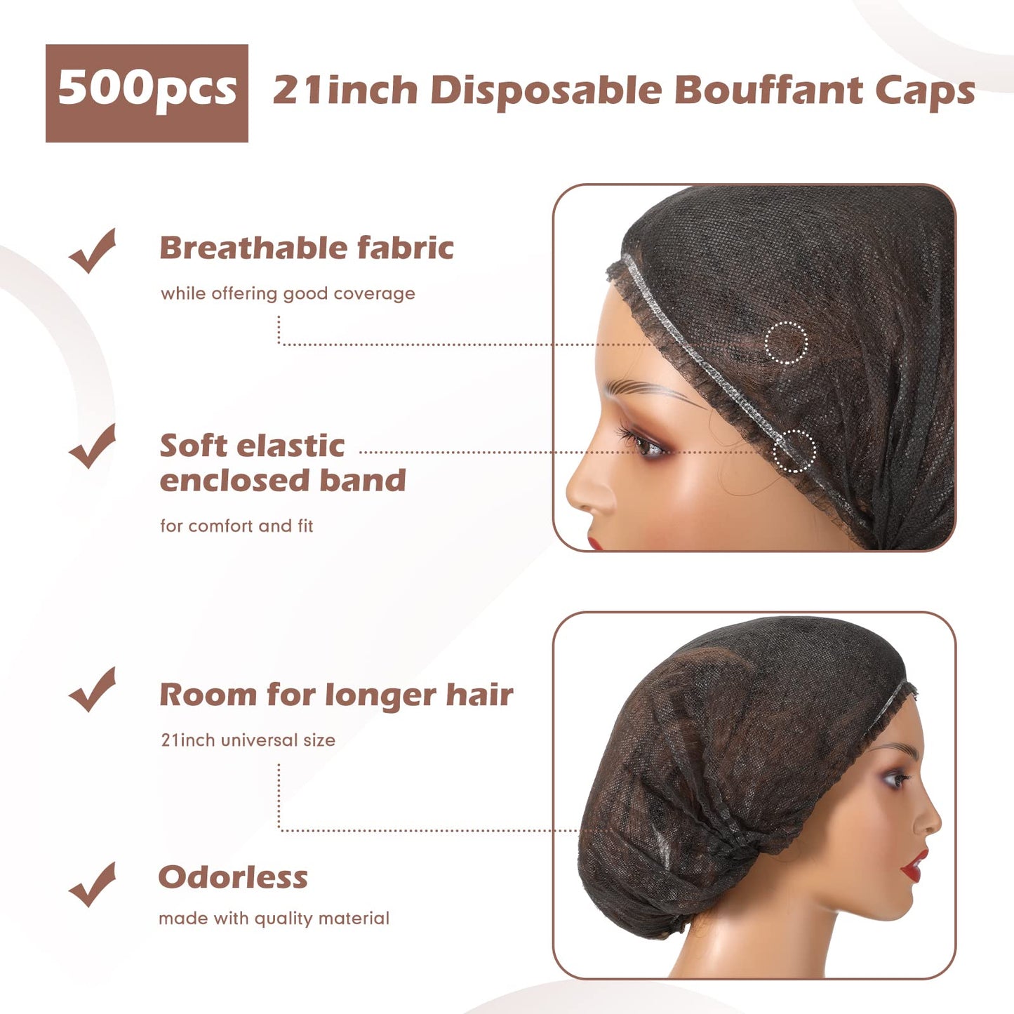 Yahenda 500 Pcs Disposable Bouffant Caps Bulk Disposable Cap for Hair Elastic Dust Hairnets for Food Service, Nurses, Labs(Black,21 Inch)