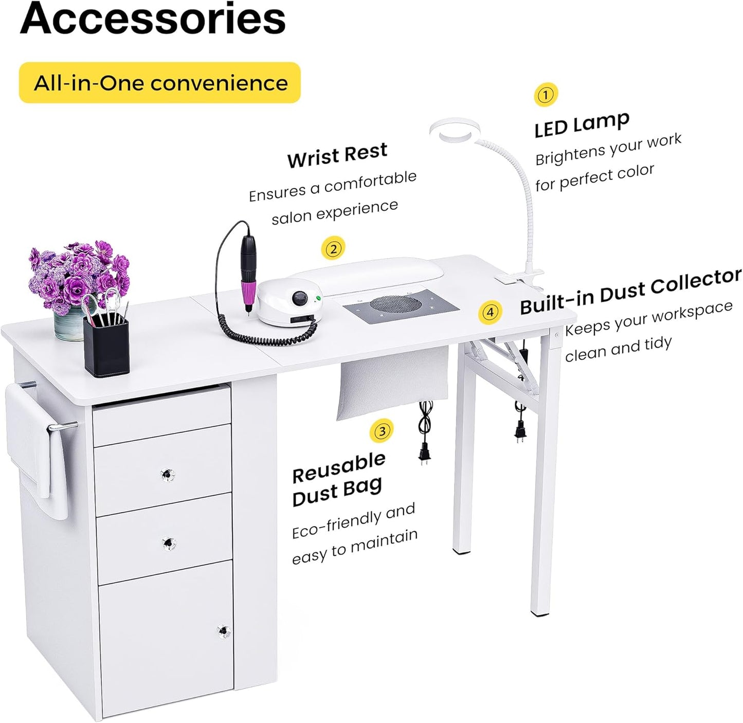Foldable Nail Table - Manicure Desk with Dust Collector & LED Lamp | Compact Salon Workstation (White)