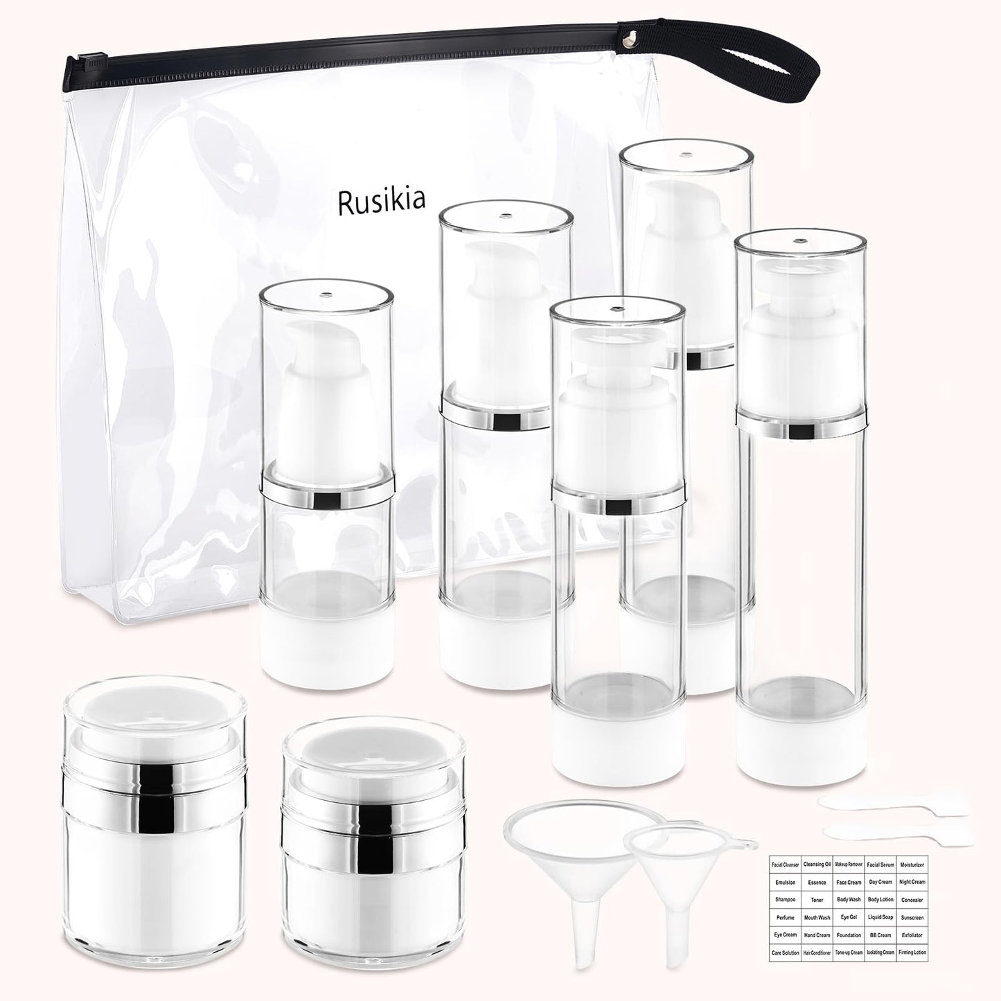 Rusikia 13 Pack Big Travel Size Containers, Airless Pump Bottles Jar Kit