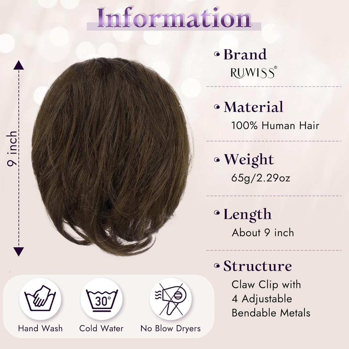 Claw Clip Short Human Hair Ponytail Extension - Bendable Metal for DIY Styles | 9 Inch Dark Brown Messy Bun
