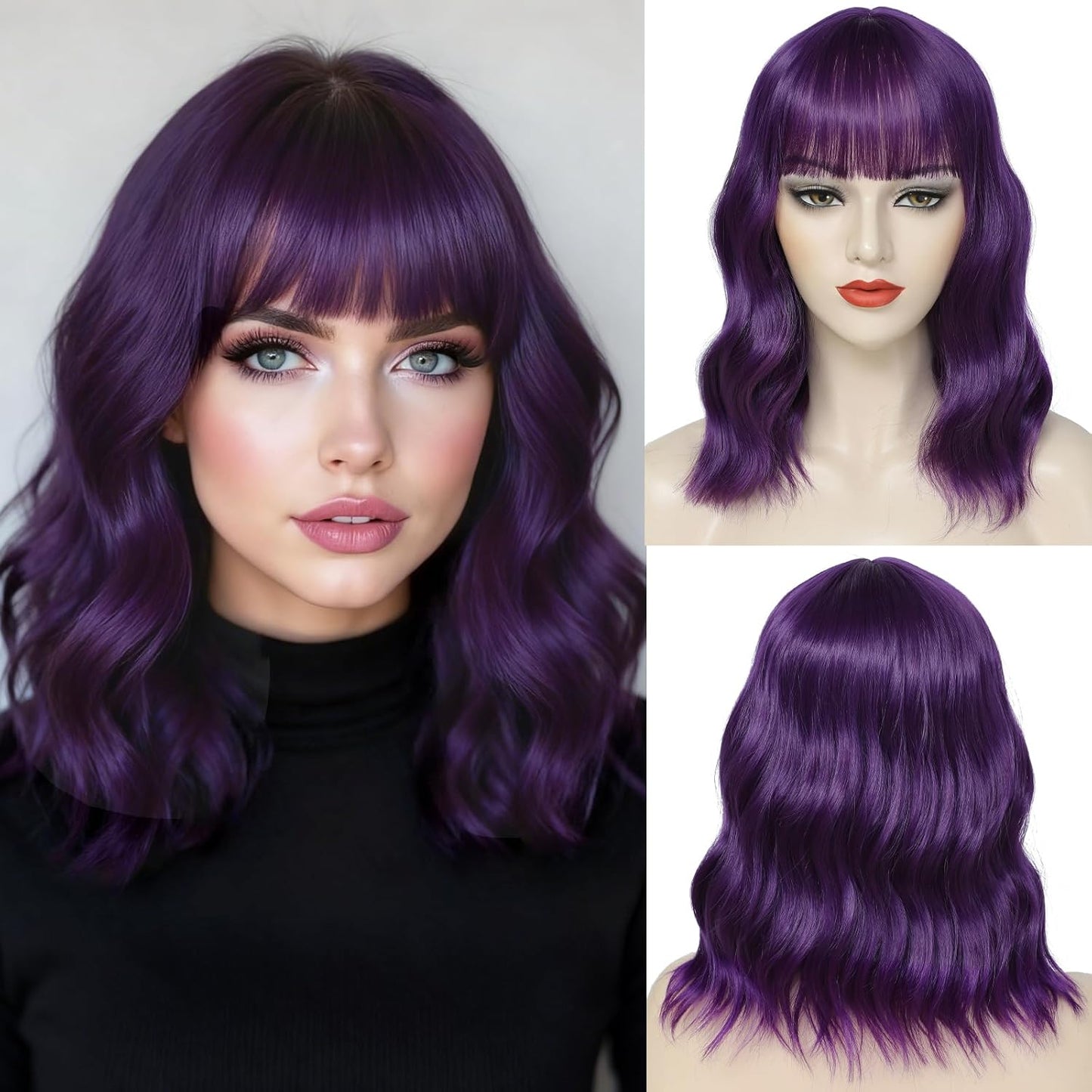 Emerald Green Wavy Bob Wig with Bangs - Shoulder Length Synthetic Cosplay Hair