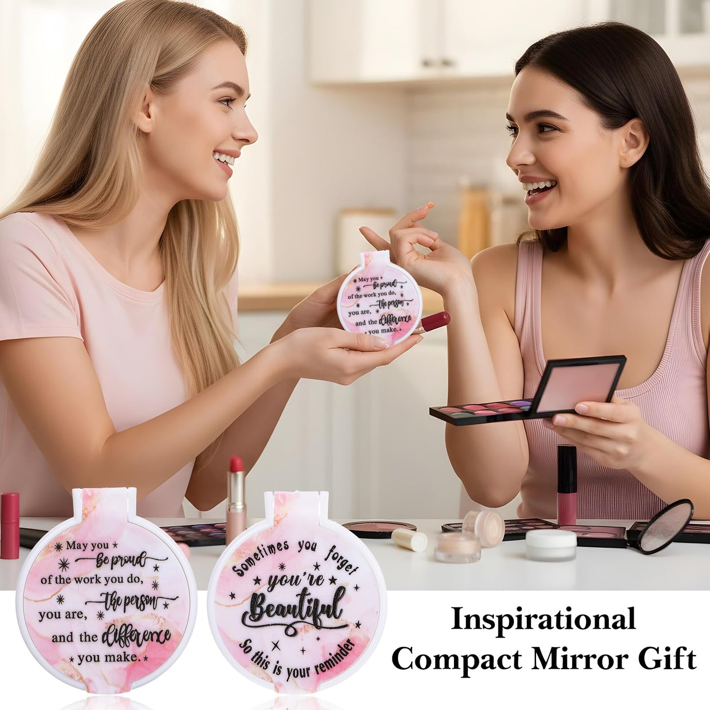 100pcs Light Pink Compact Mirror Bulk Gifts for Women, Mini Inspirational Purse Handheld Makeup Pocket Mirror, Round Portable Makeup Folding Mirrors Gift for Christmas Valentine Daily Travel Coworker