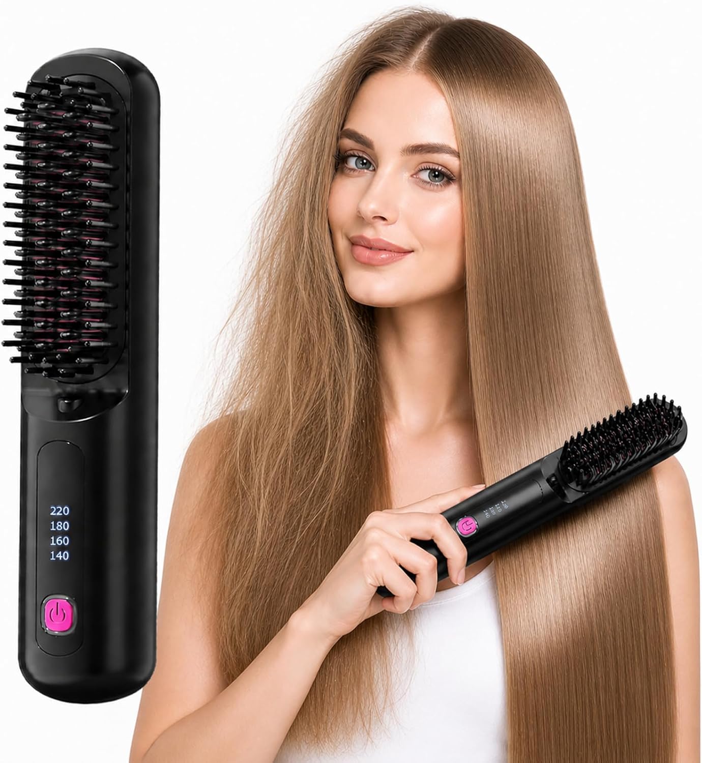Cordless Hair Straightener Brush - 80 Million Anti-Frizz Ions, 4 Temp Settings | Portable Travel Styling Tool
