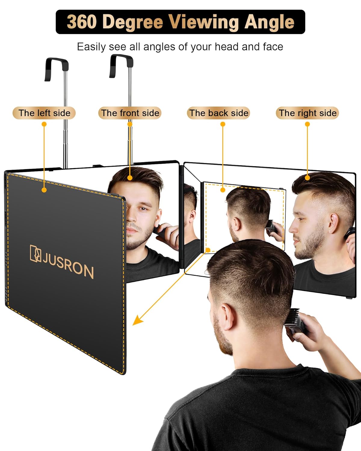 JUSRON 360-Degree Self Hair Cutting Mirror - Clear Anti-Fog HD Glass | Black, No LED or Accessories