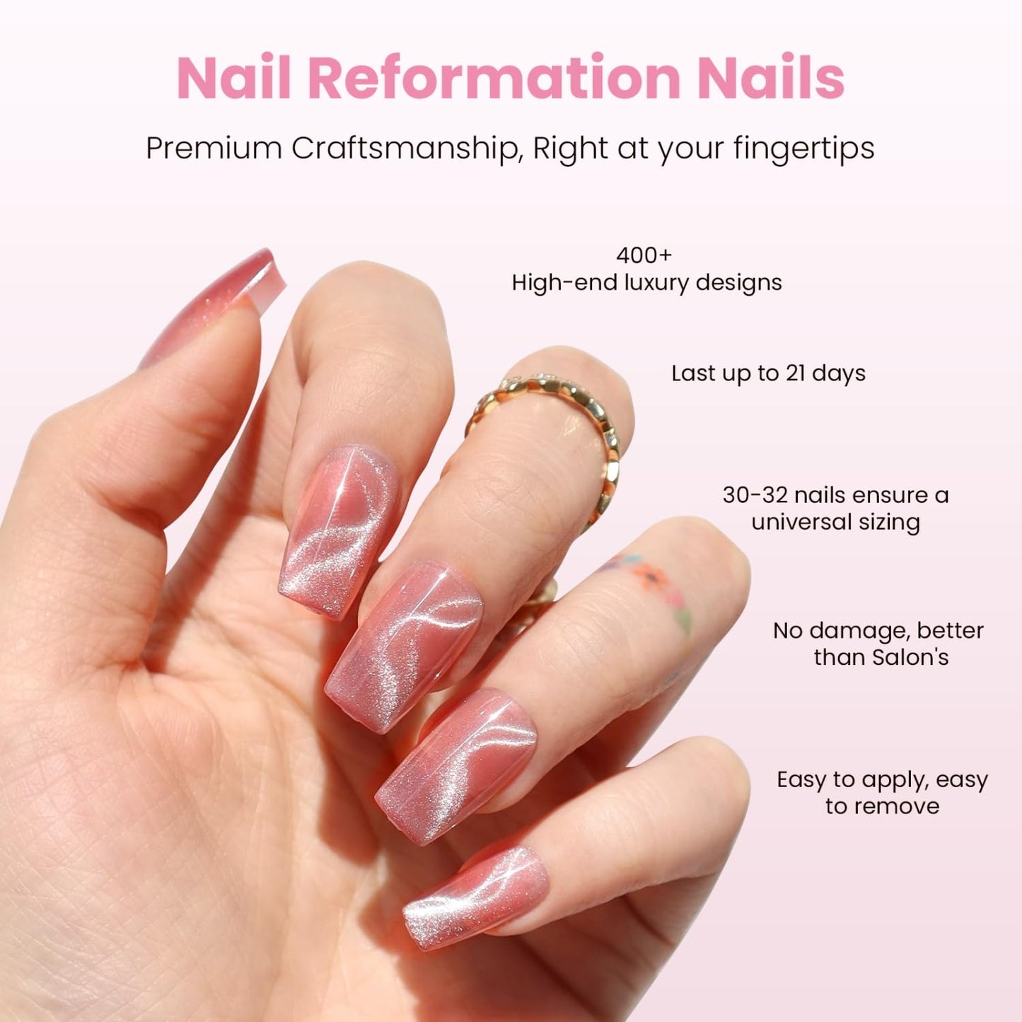 Nail Reformation Press On Nails - Pink Sway Short Coffin Velvet Cat Eye | 32 Nail Kit in 16 Sizes with Glue, Reusable Manicure Gifts for Women