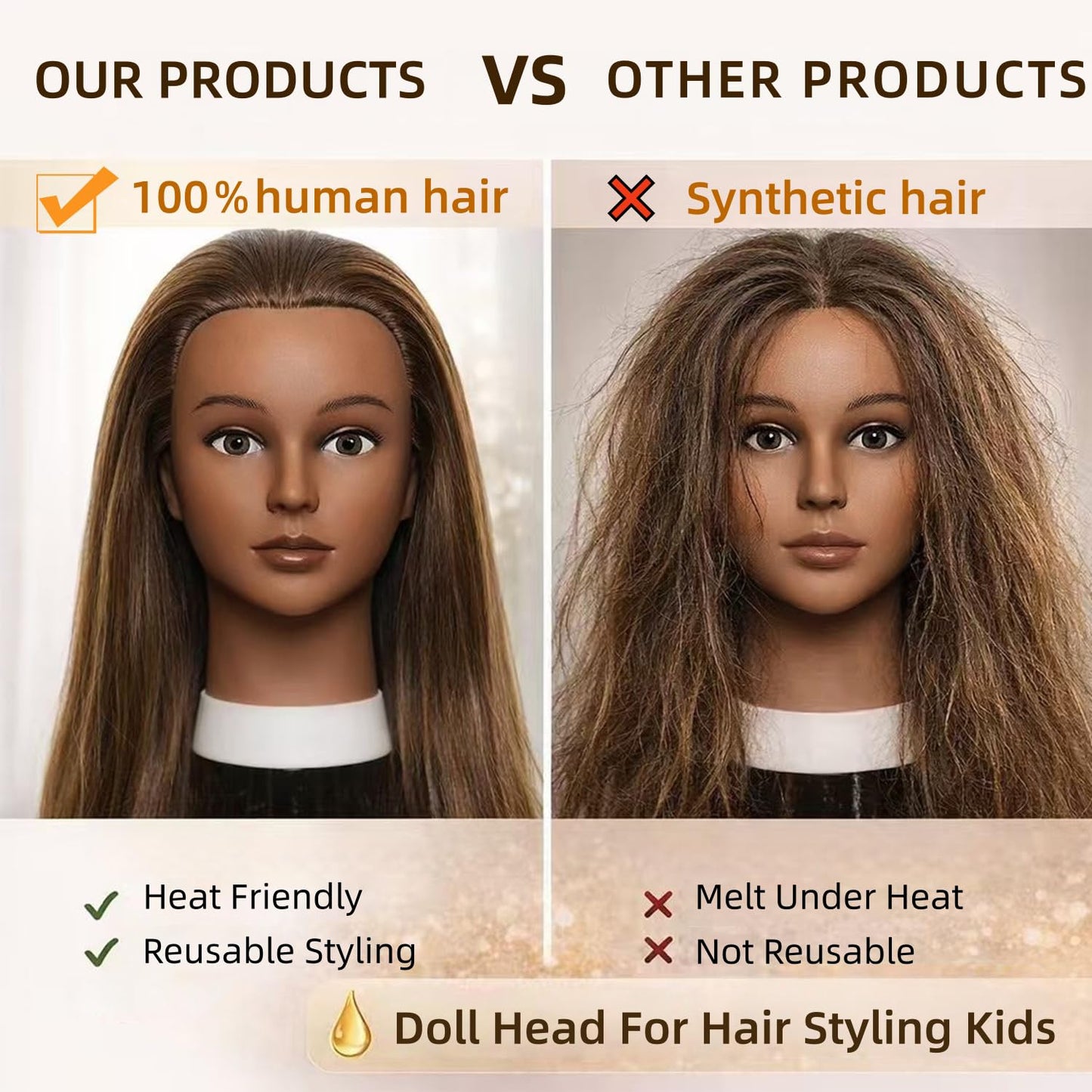 Mannequin Head Human Hair 16 Inch, 100% Real Human Hair Cosmetology Mannequin Head with Clamp Stand, Professional Hair Manikin Doll Head for Braiding, Styling & Hairdresser Training (Brown-16inch)